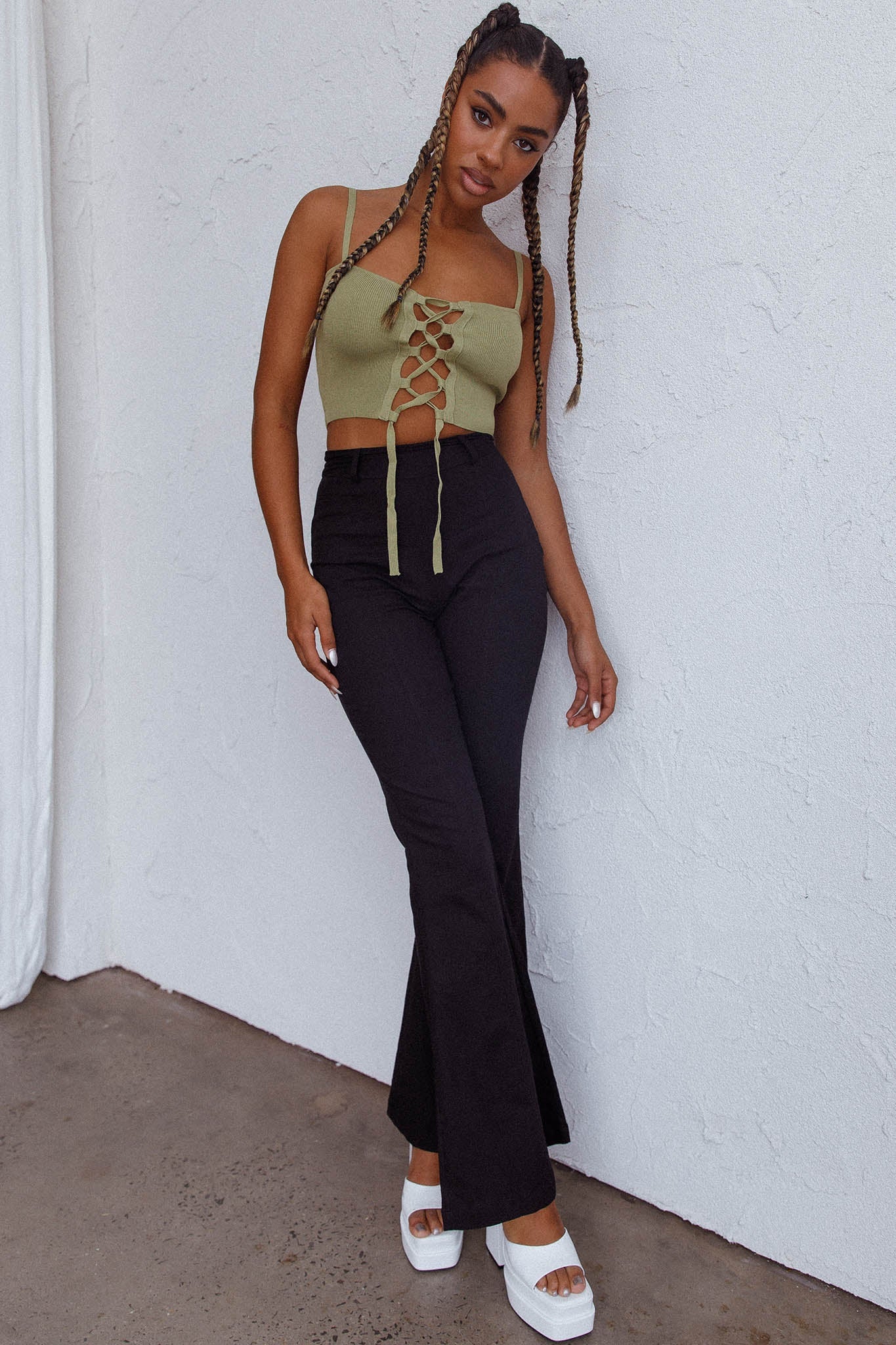 Jori Lace Up Crop Top Olive - Image 3