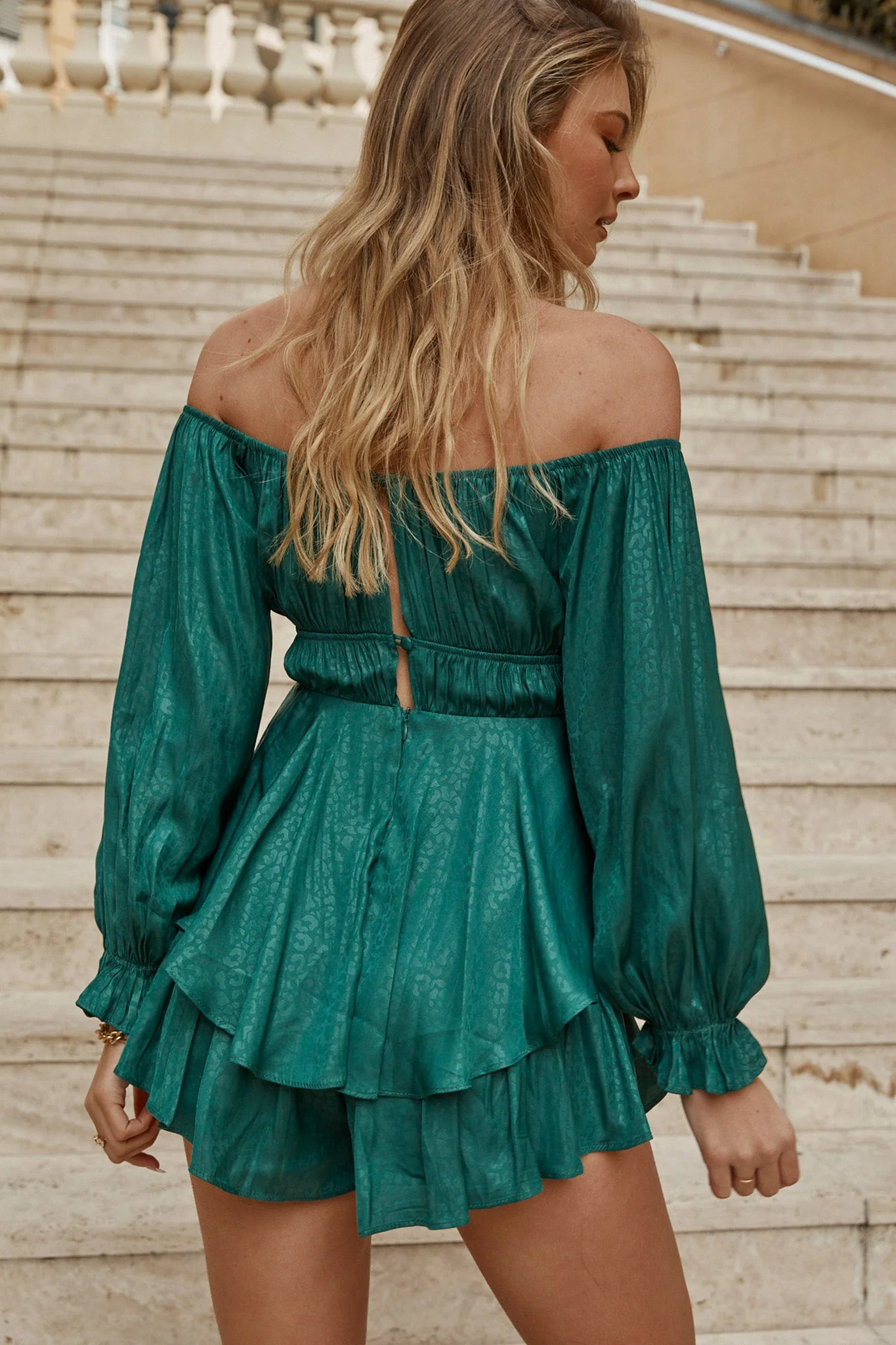 Josephina Lace-Up Front Balloon Sleeve Romper Forest Green - Image 5