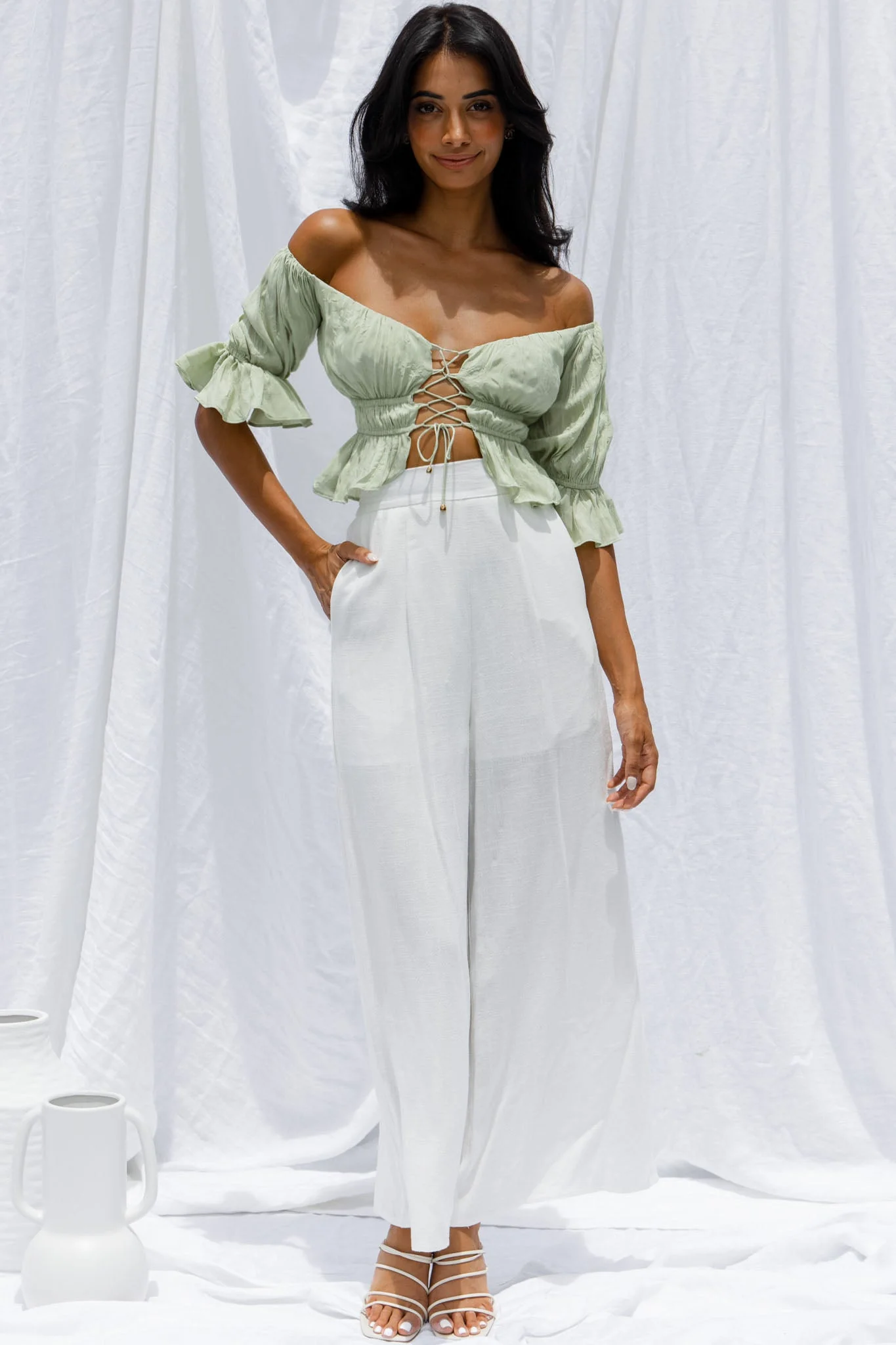 Josephina Off-Shoulder Lace-Up Front Crop Top Apple - Image 7