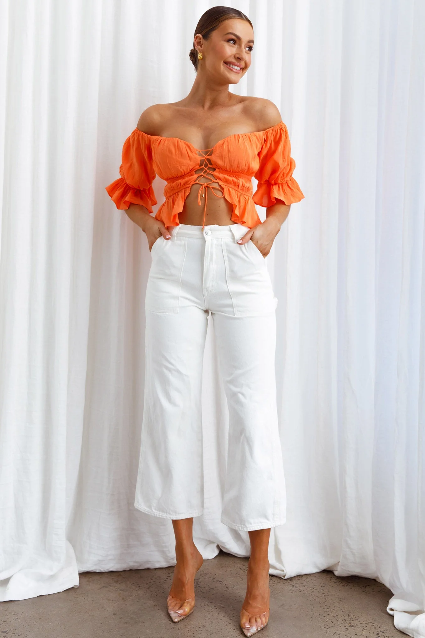 Josephina Off-Shoulder Lace-Up Front Crop Top Neon Orange - Image 3