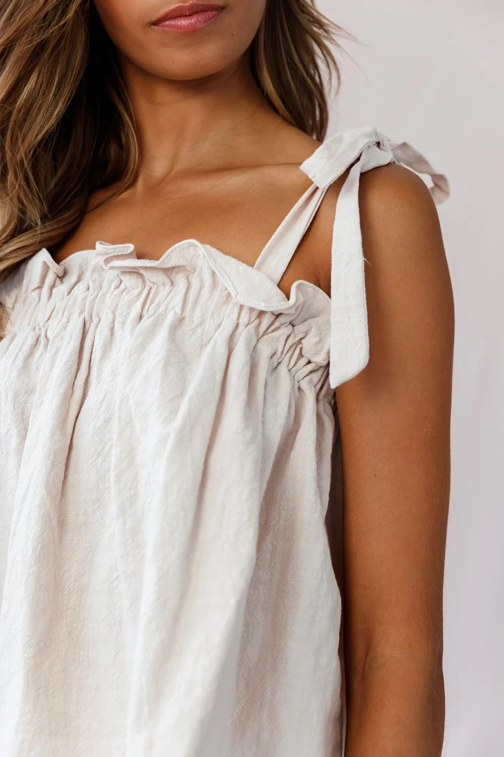 Journey Tied Shoulder Elasticated Neckline Top Beige - Image 4