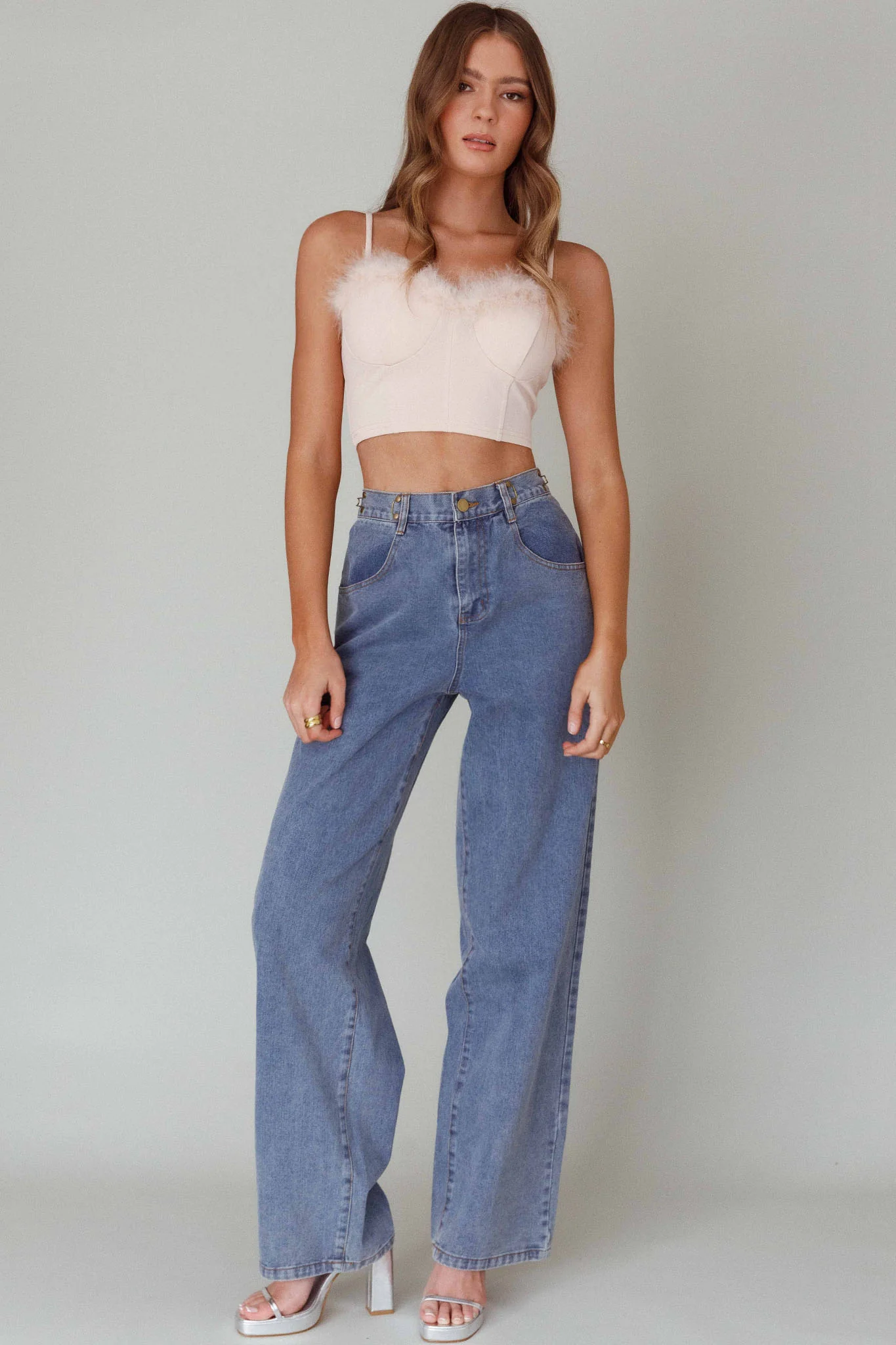 Jovi Feather-Trim Crop Top Nude - Image 3