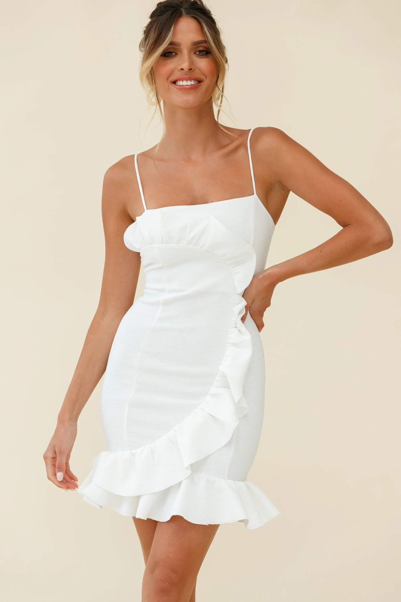 Juanita Half Moon Ruffle Detail Bodycon Dress White - Image 5