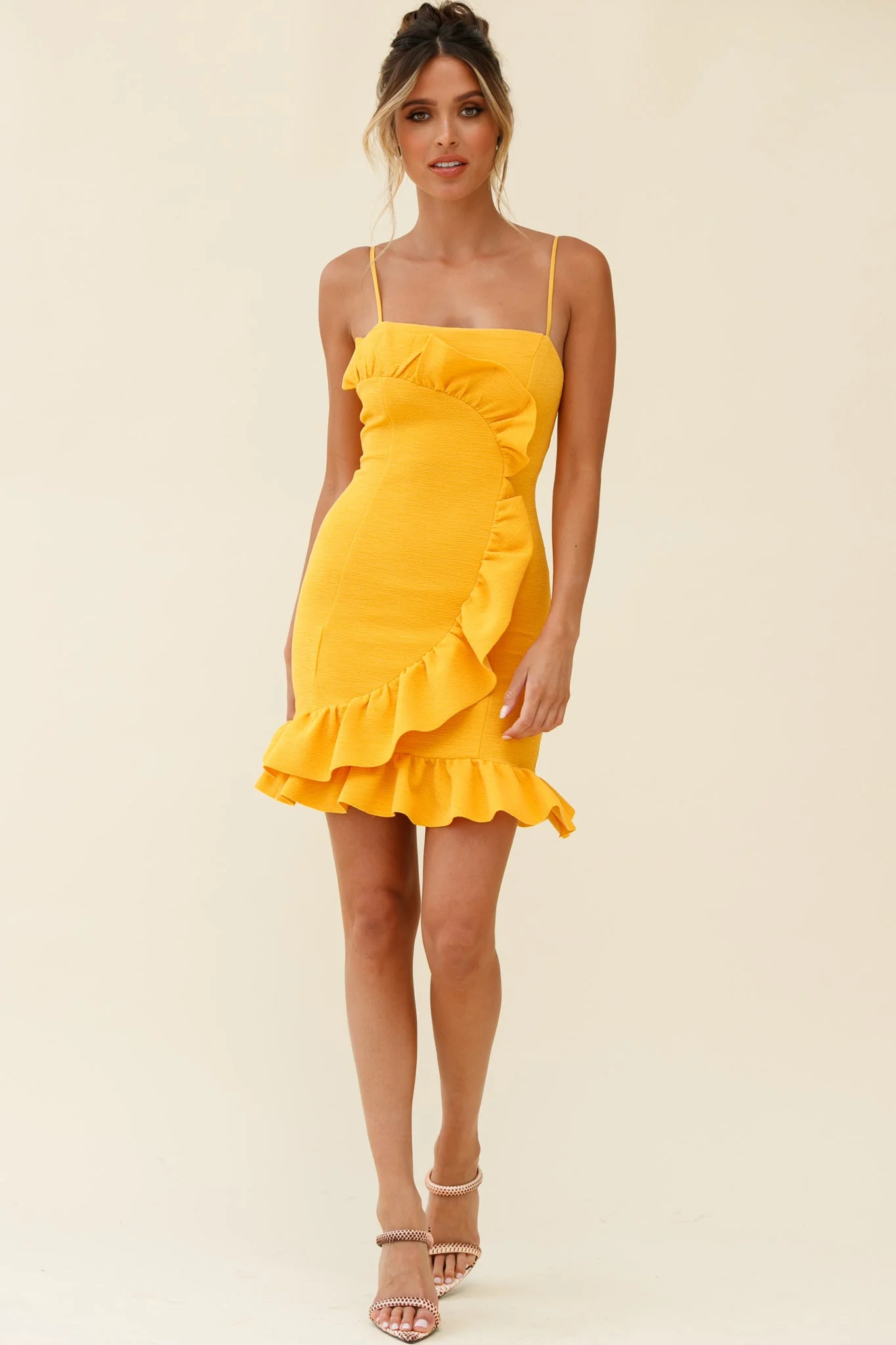Juanita Half Moon Ruffle Detail Bodycon Dress Yellow - Image 2