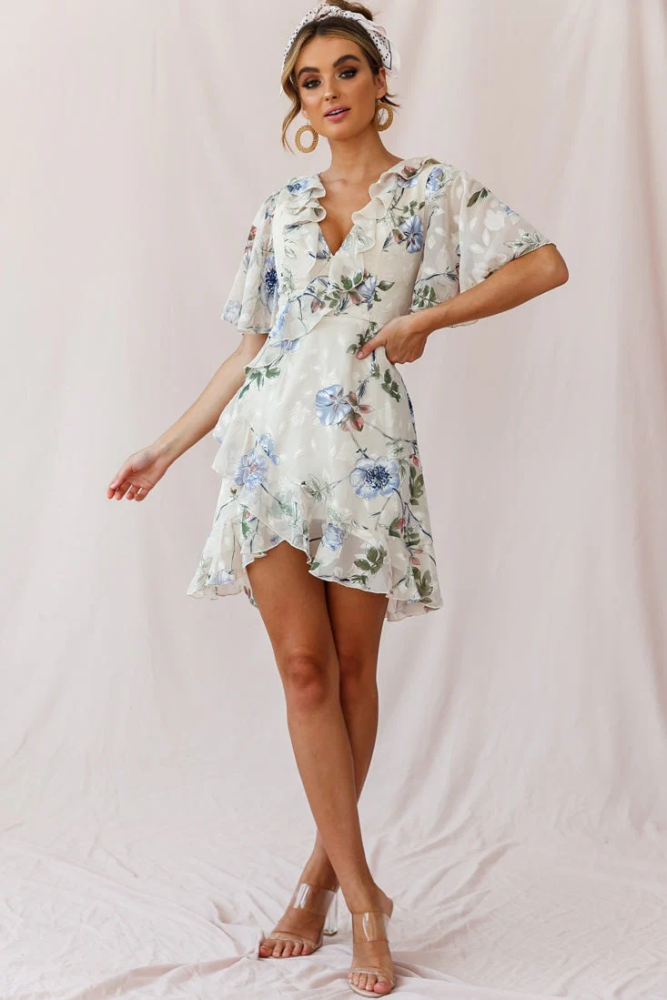 June Angel Sleeve Ruffle Detail Dress Floral Print Beige - Image 2