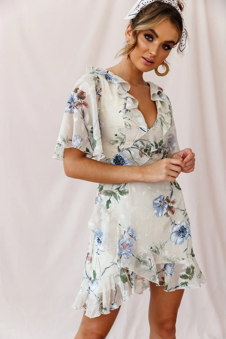 June Angel Sleeve Ruffle Detail Dress Floral Print Beige - Image 5