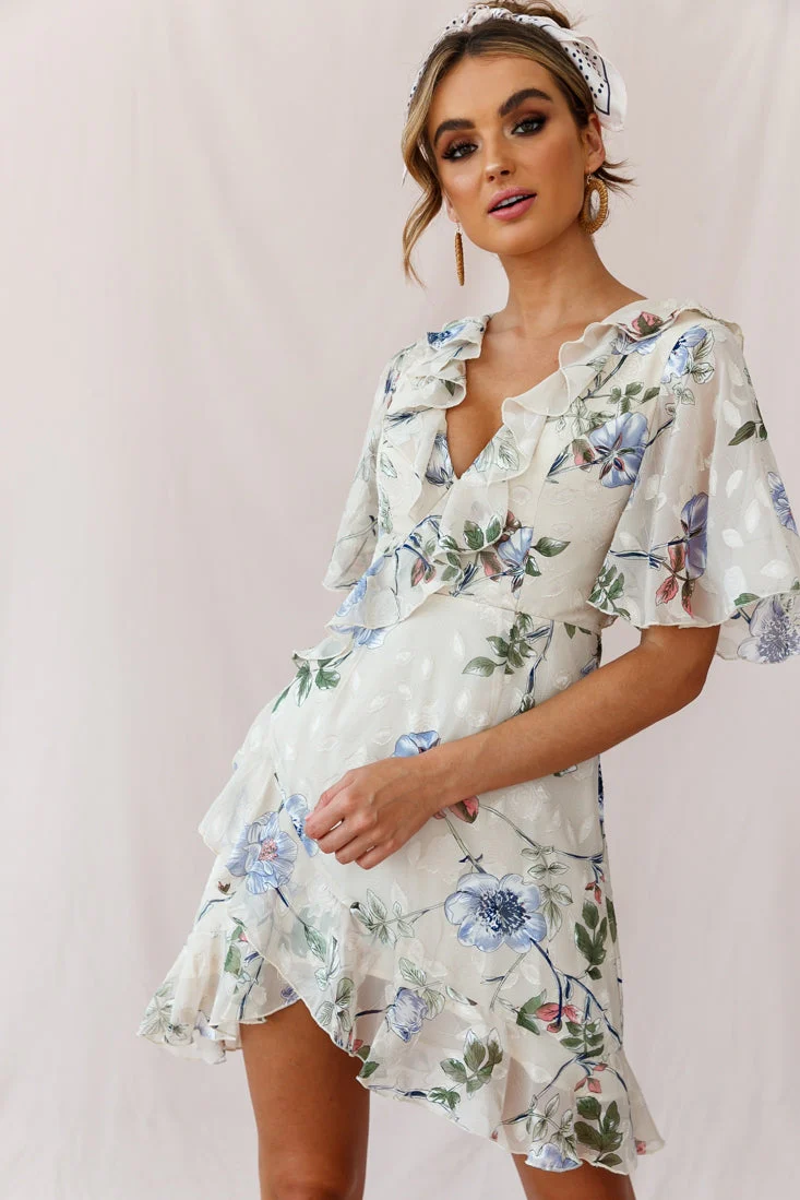 June Angel Sleeve Ruffle Detail Dress Floral Print Beige - Image 6