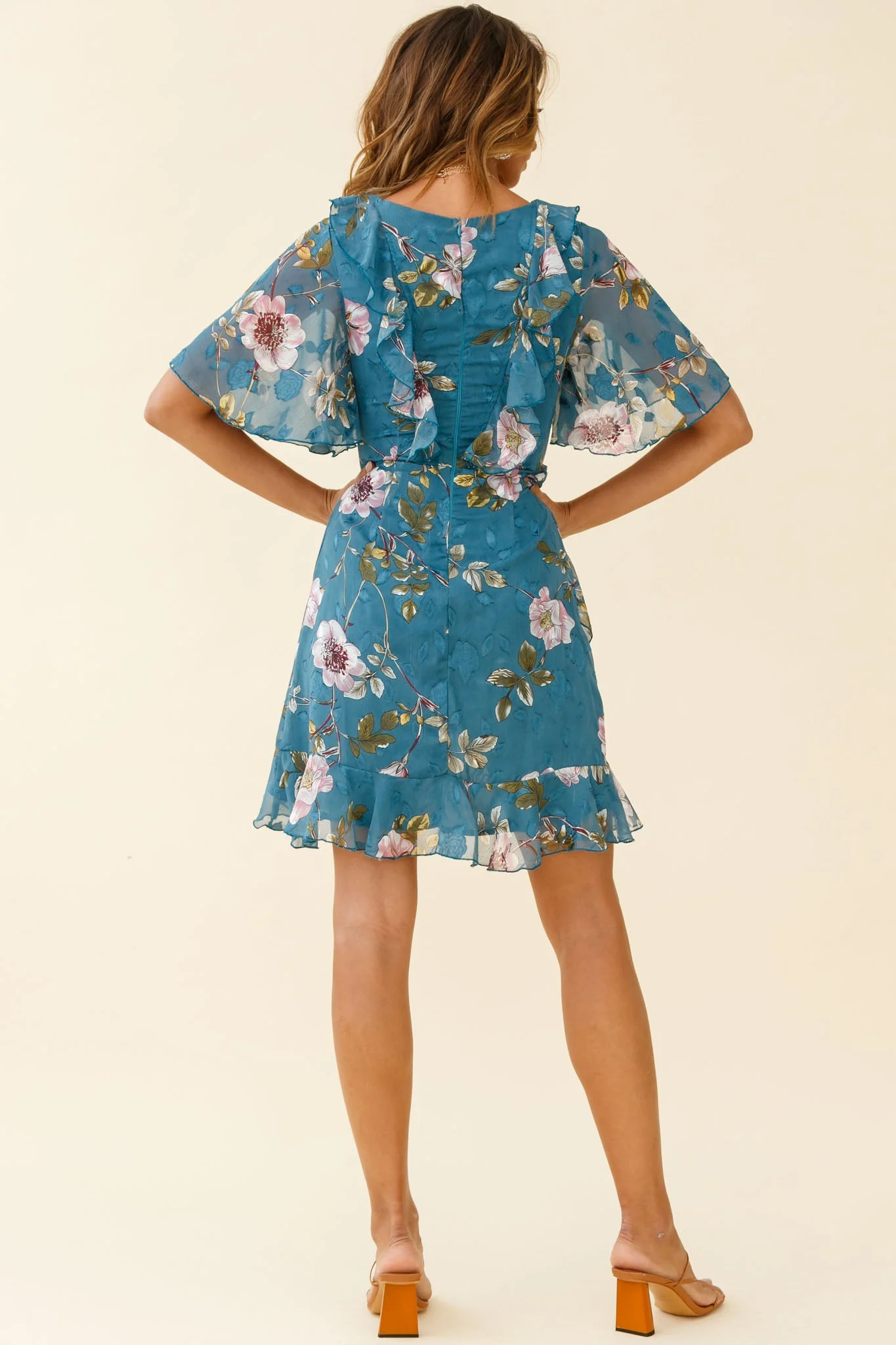 June Angel Sleeve Ruffle Detail Dress Floral Print Teal - Image 3