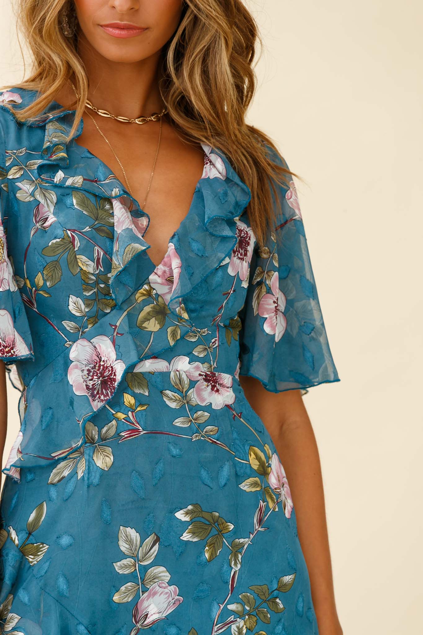 June Angel Sleeve Ruffle Detail Dress Floral Print Teal - Image 4