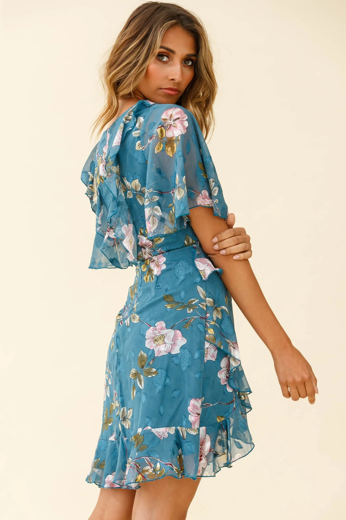June Angel Sleeve Ruffle Detail Dress Floral Print Teal - Image 5
