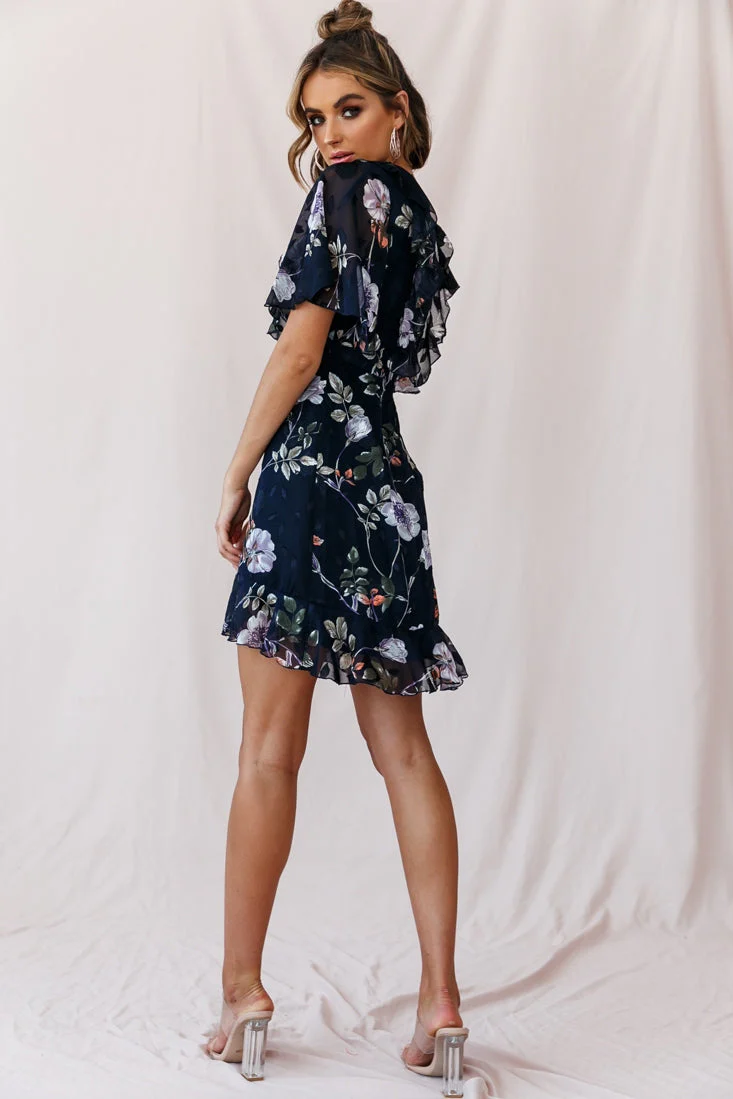 June Angel Sleeve Ruffle Detail Dress Navy - Image 3