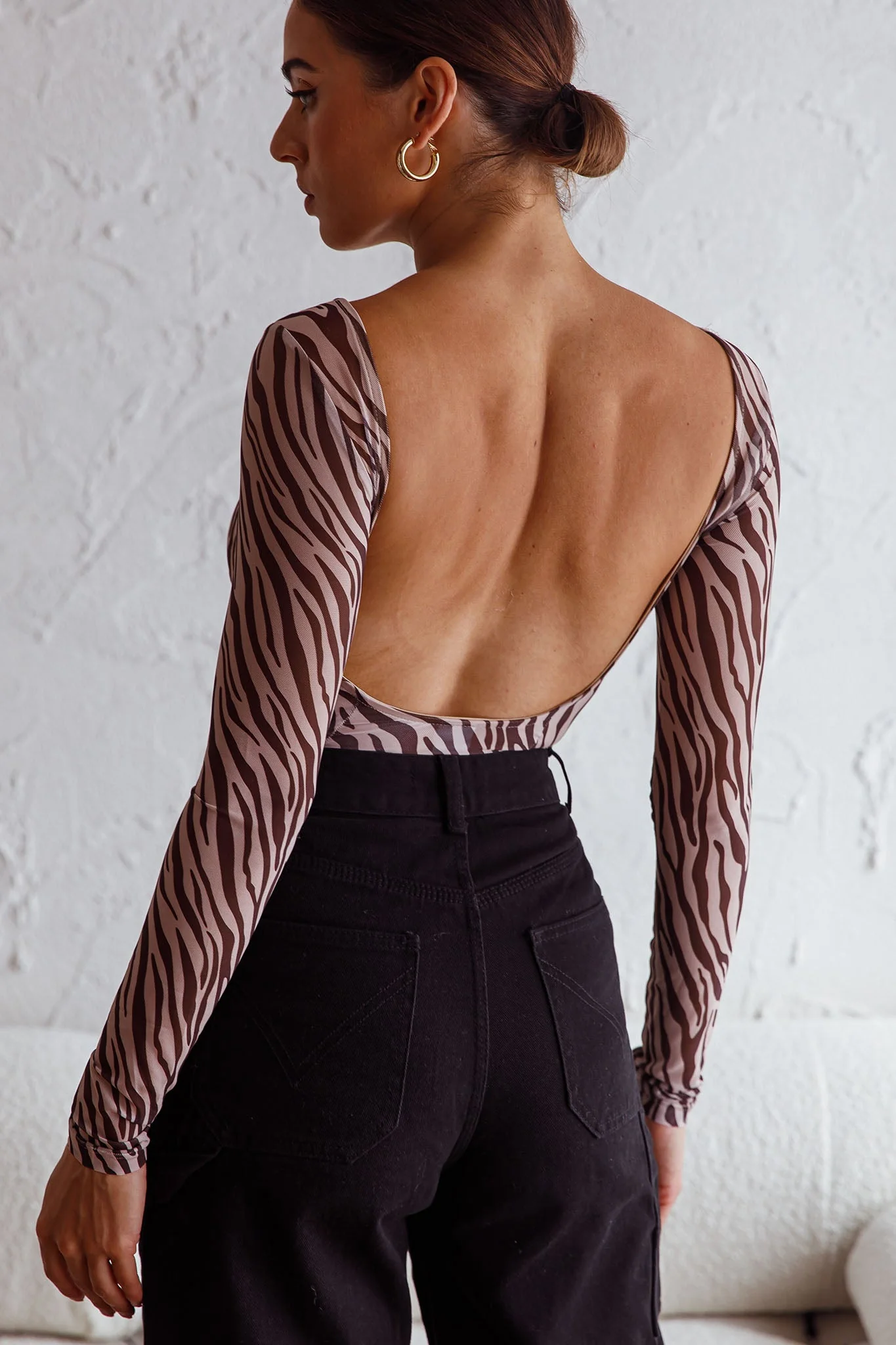 Juni Long Sleeve Low Back Mesh Bodysuit Tiger Print - Image 2