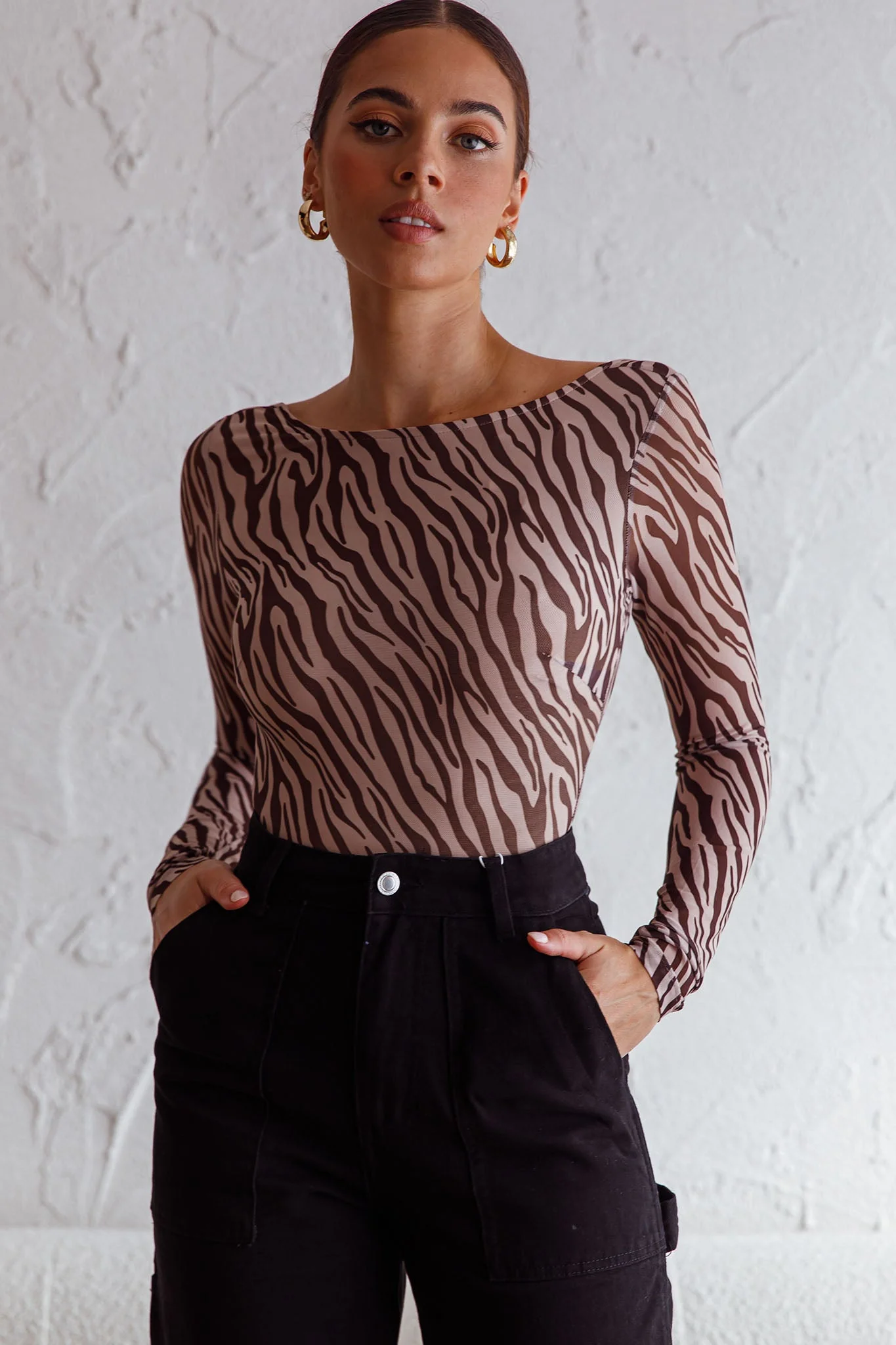 Juni Long Sleeve Low Back Mesh Bodysuit Tiger Print - Image 5