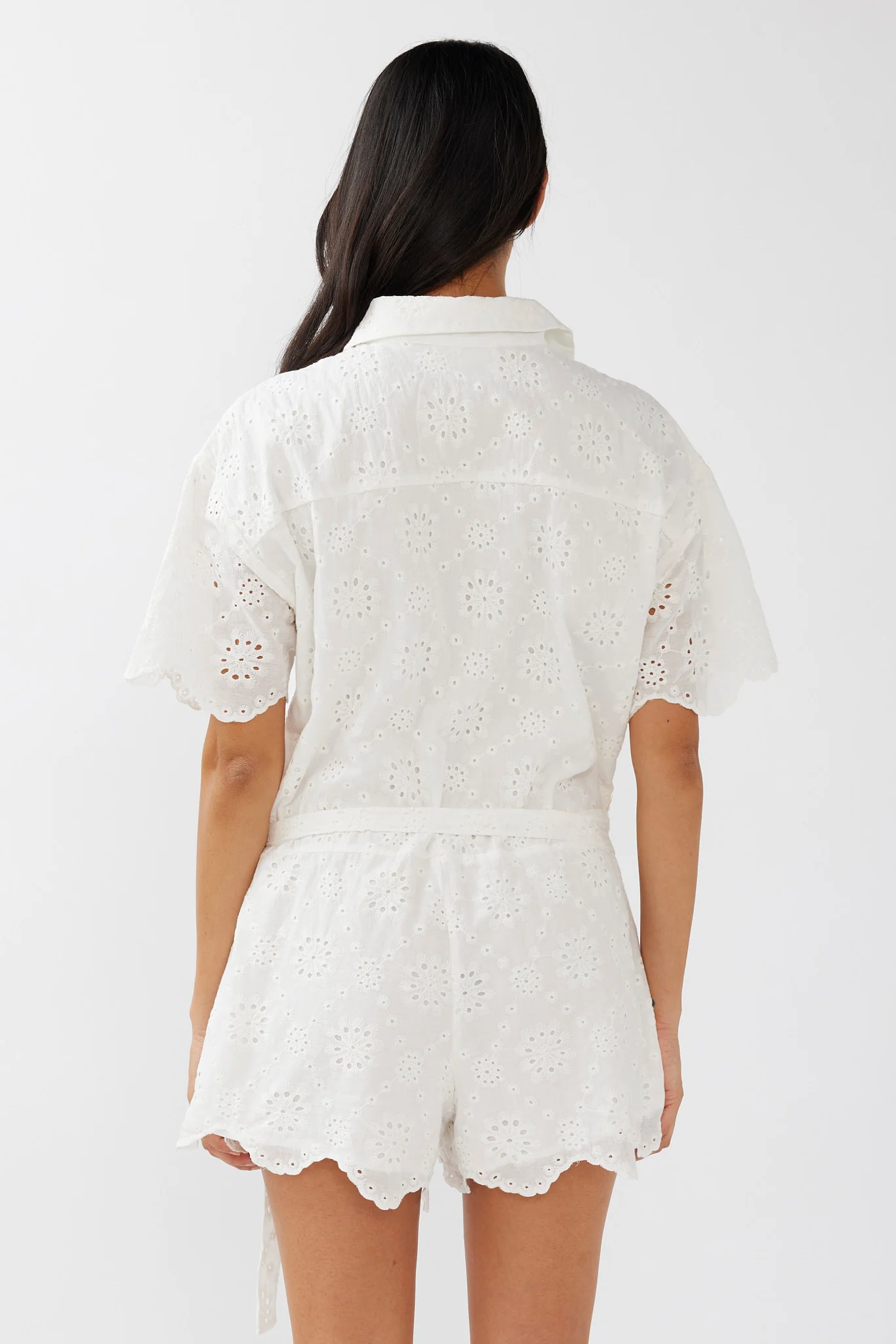 Junie Eyelet Embroidery Waist Tie Romper White - Image 2