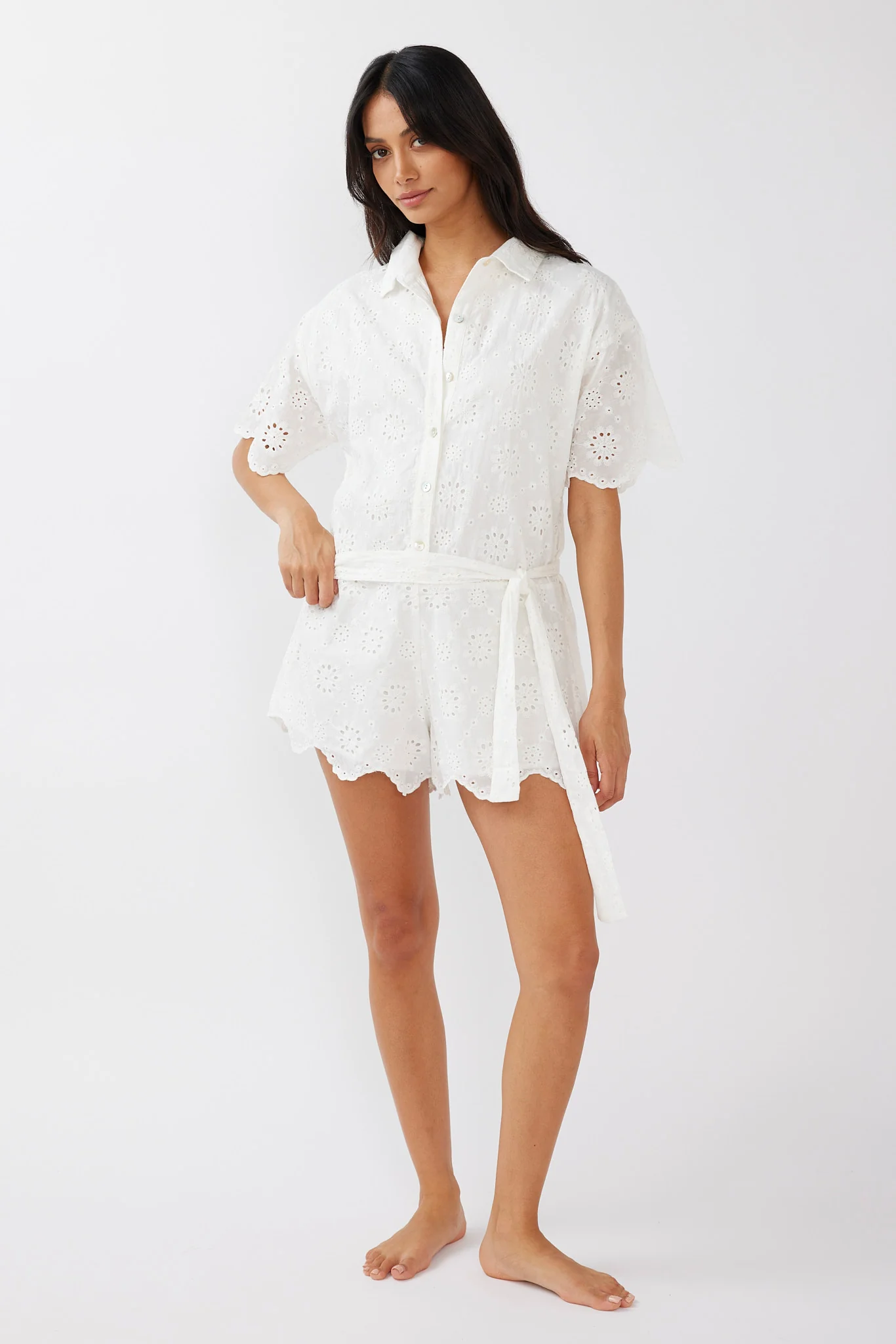 Junie Eyelet Embroidery Waist Tie Romper White - Image 3