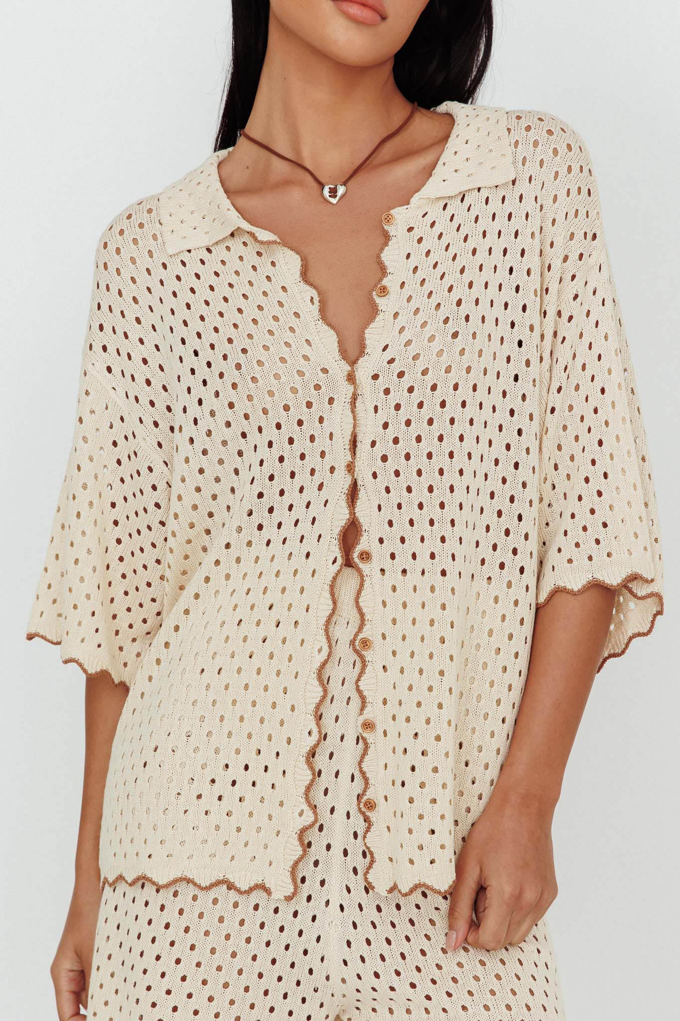 Just A Hunch Button Crochet Shirt Nutmeg/Shell - Image 4
