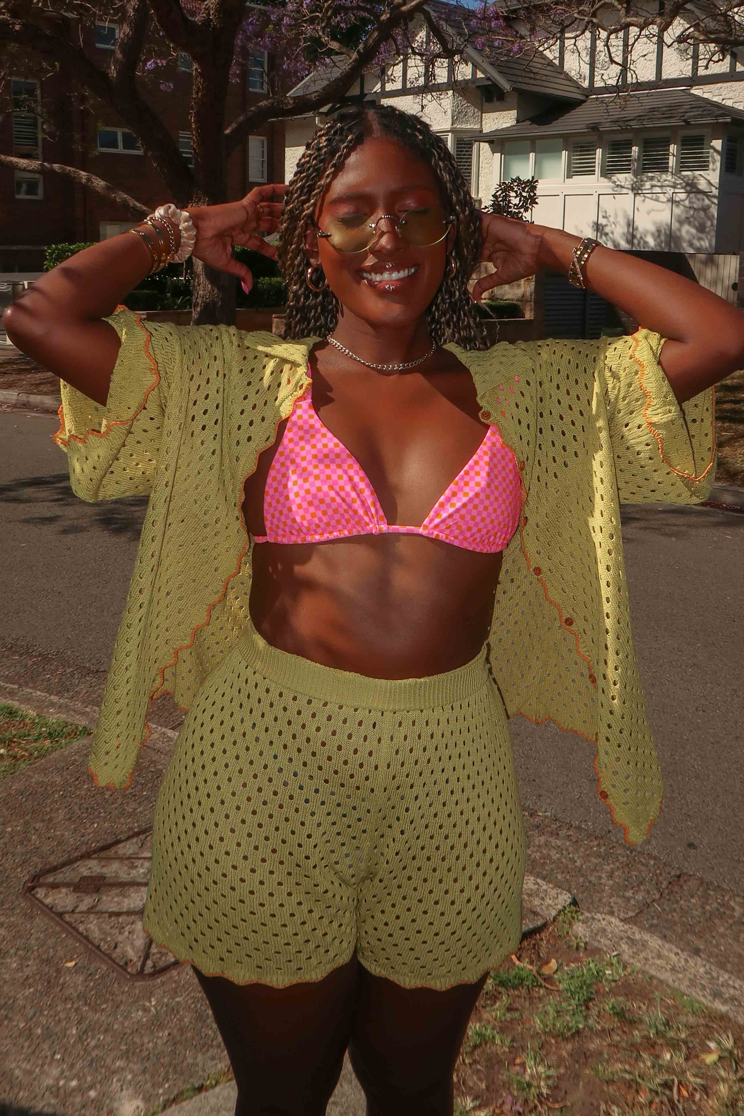 Just A Hunch Crochet Shorts Avocado/Pumpkin - Image 3