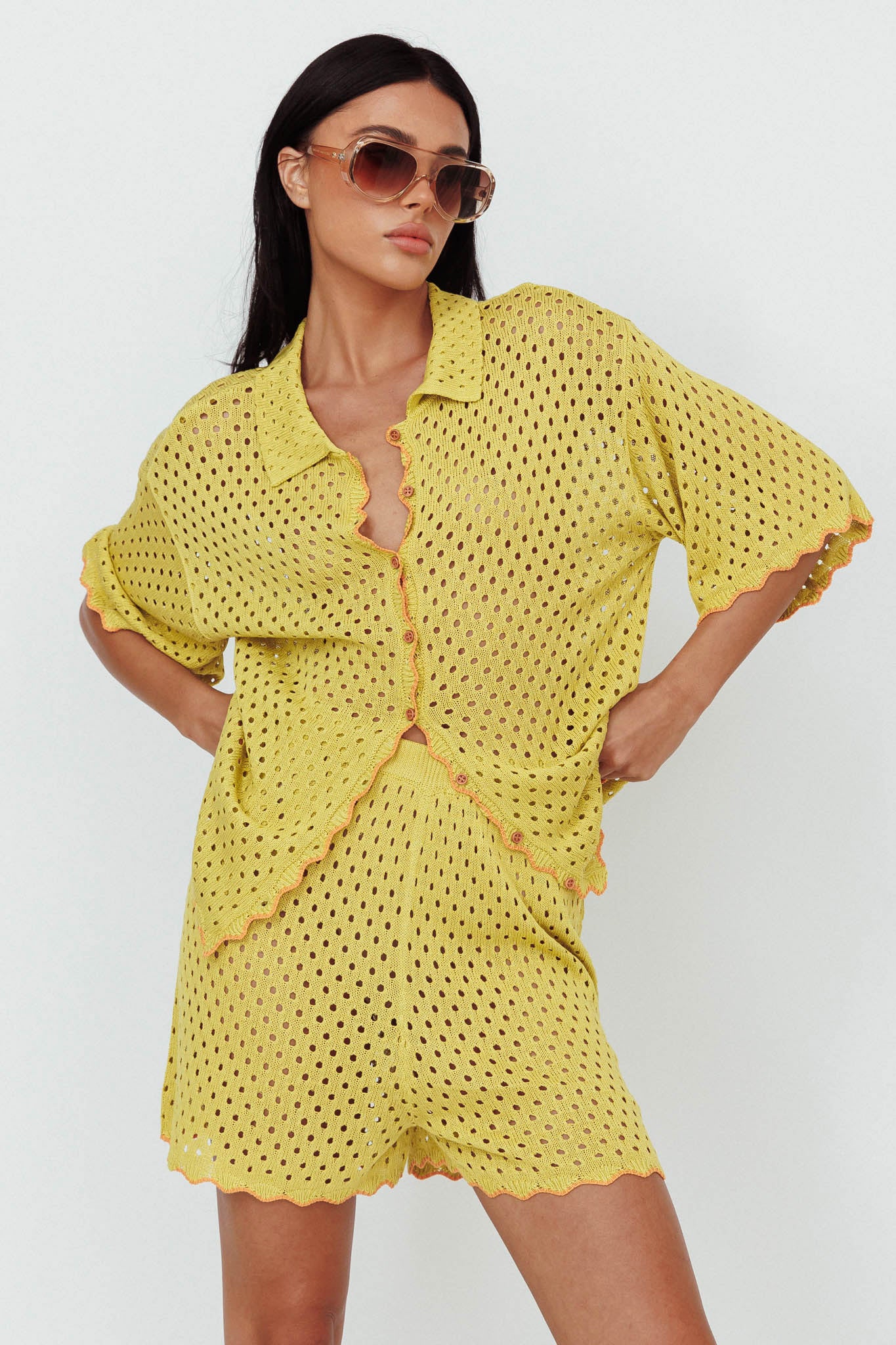 Just A Hunch Crochet Shorts Avocado/Pumpkin - Image 6