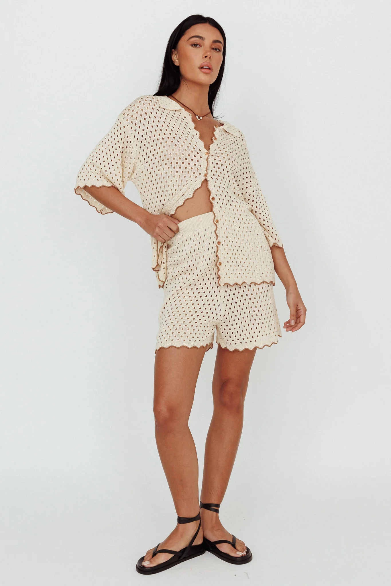 Just A Hunch Crochet Shorts Nutmeg/Shell - Image 2