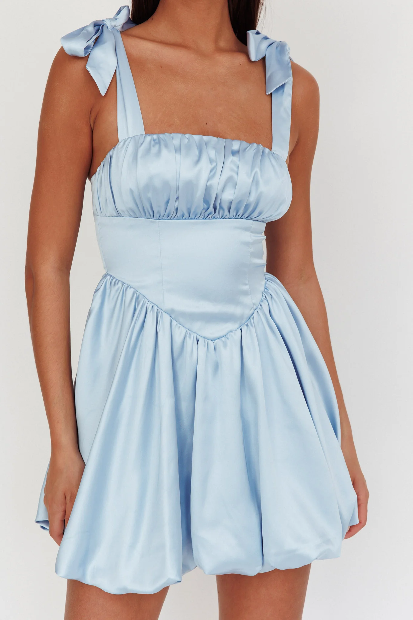Just Magic Tied Shoulder Bubble Hem Mini Dress Baby Blue - Image 3
