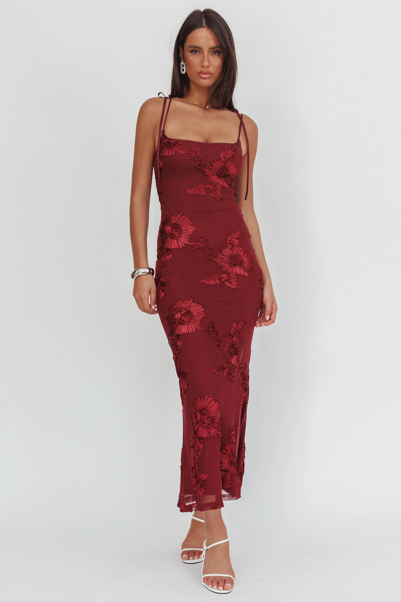 Kaela Tied Shoulder Maxi Dress Embellished Wine - Image 4