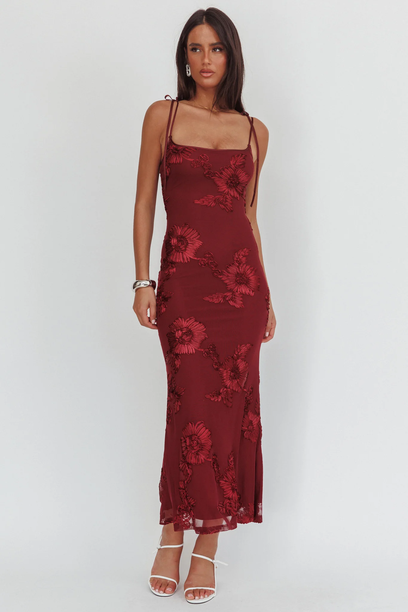 Kaela Tied Shoulder Maxi Dress Embellished Wine - Image 5