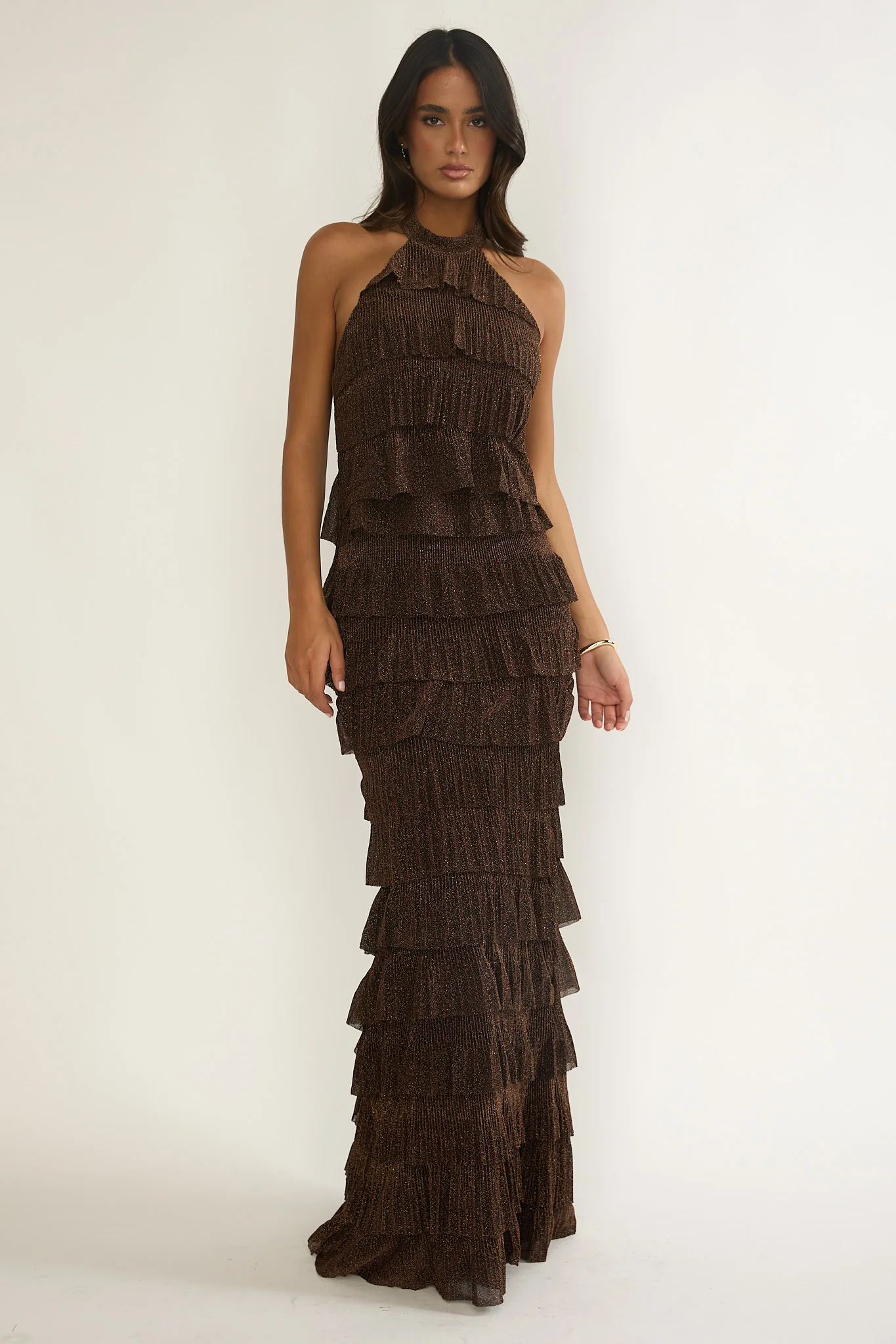 Kaelia Tiered Halter Maxi Dress Sparkle Brown - Image 6