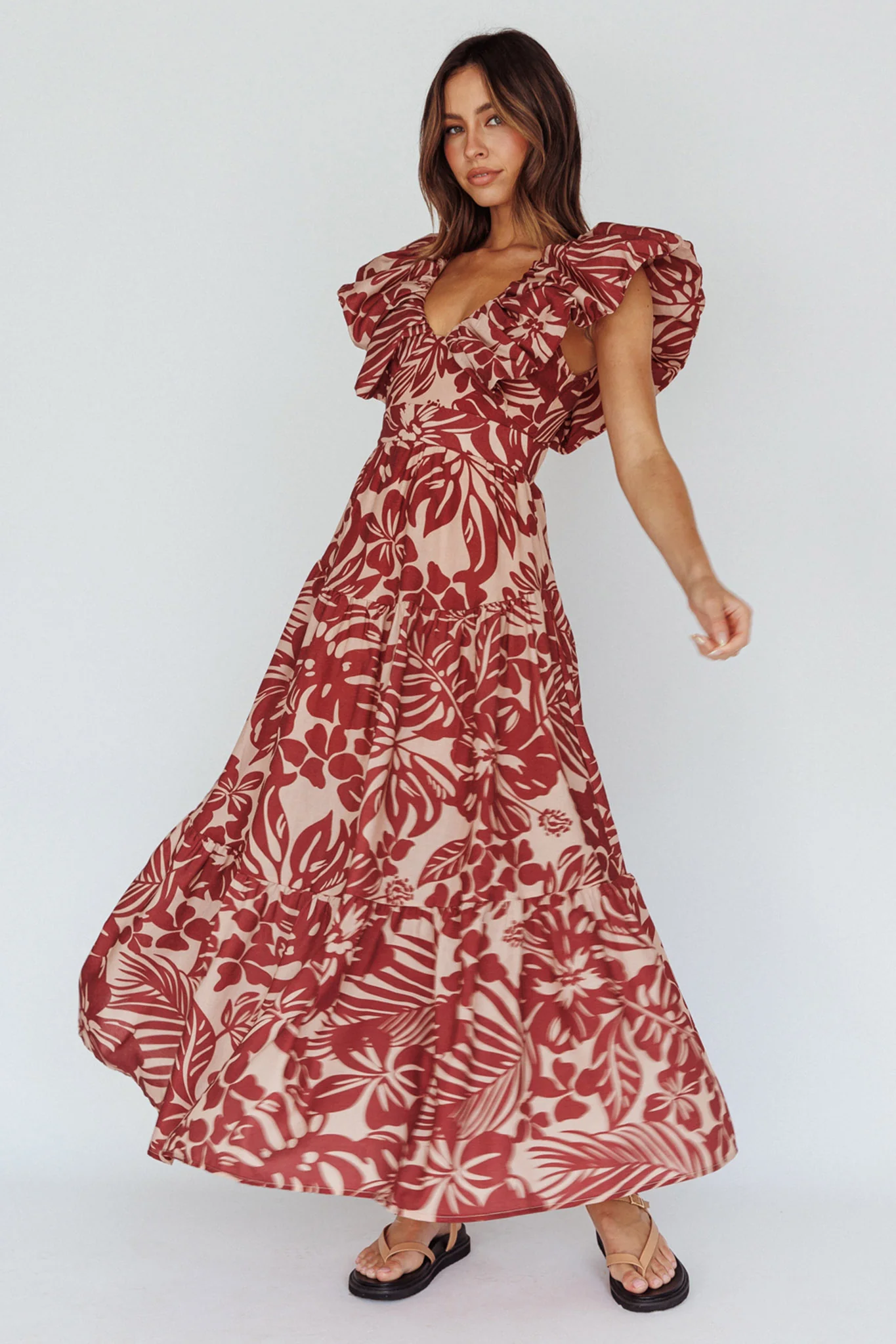 Kahlo Puffed Ruffle Neckline Maxi Dress Print Flame - Image 5