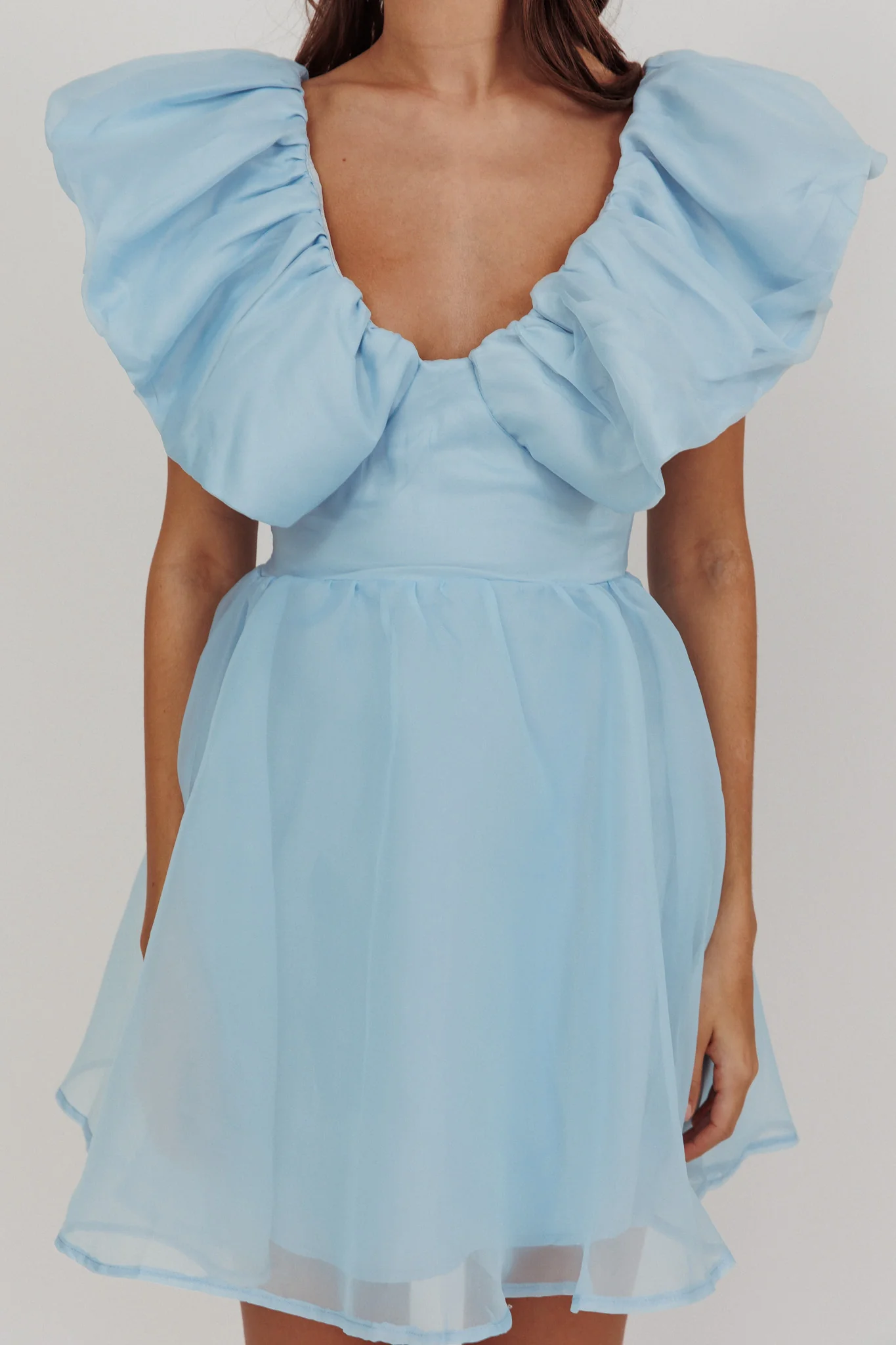 Kahlo Ruffle Neckline Mini Dress Blue - Image 3