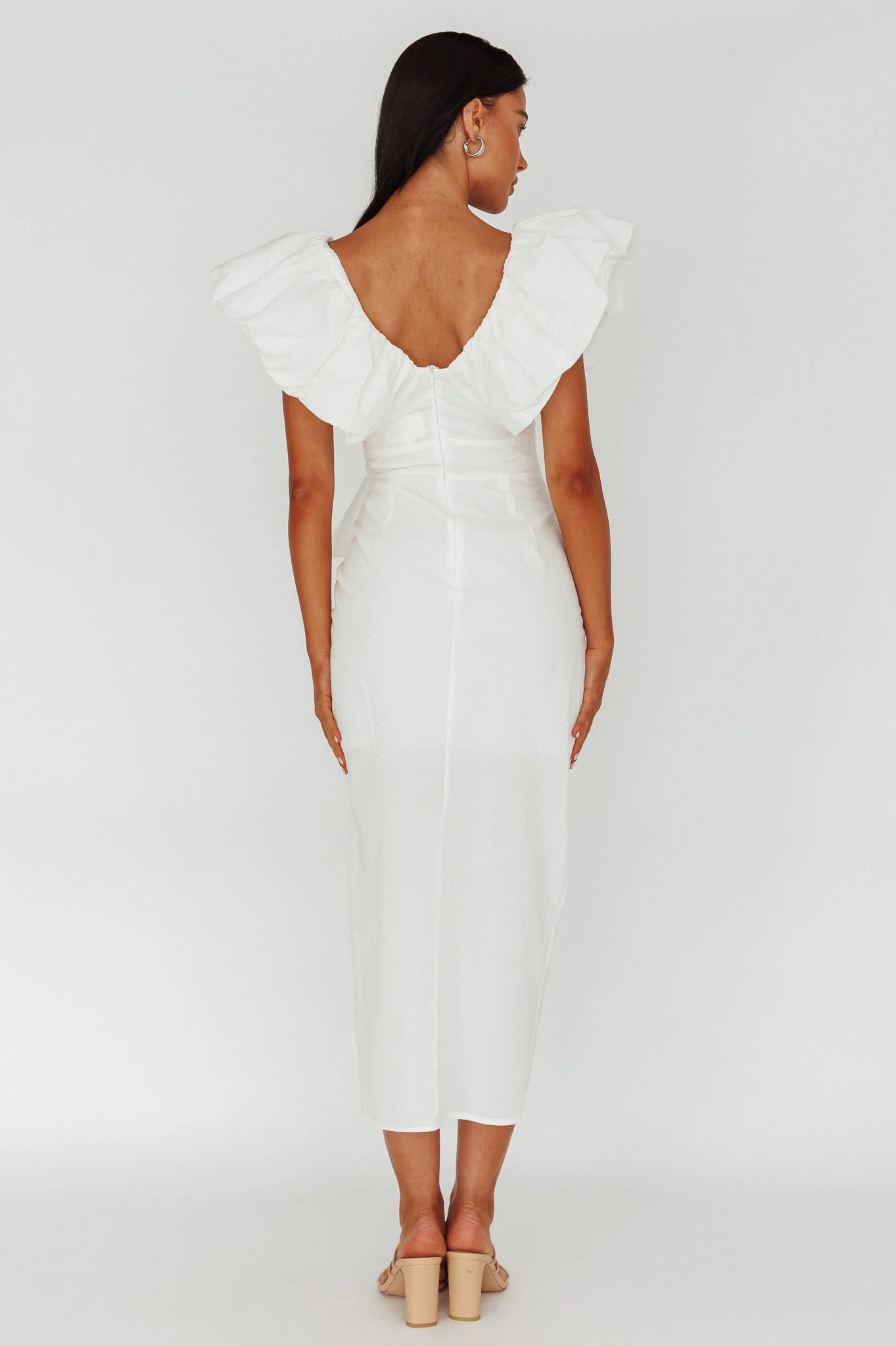 Kahlo Ruffle Neckline Wrap Midi Dress White - Image 2