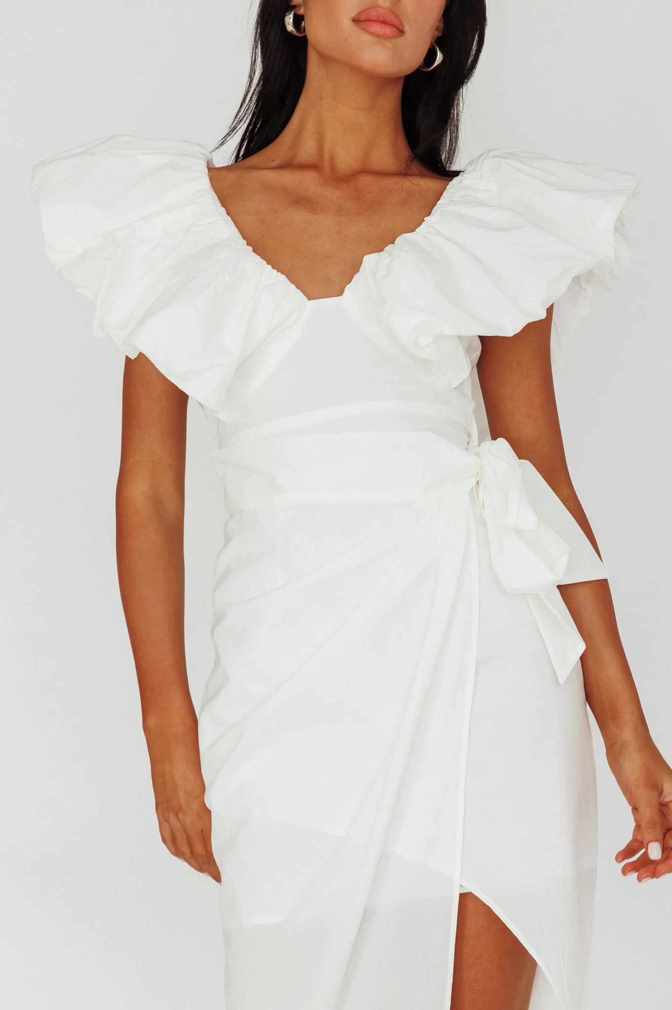 Kahlo Ruffle Neckline Wrap Midi Dress White - Image 4