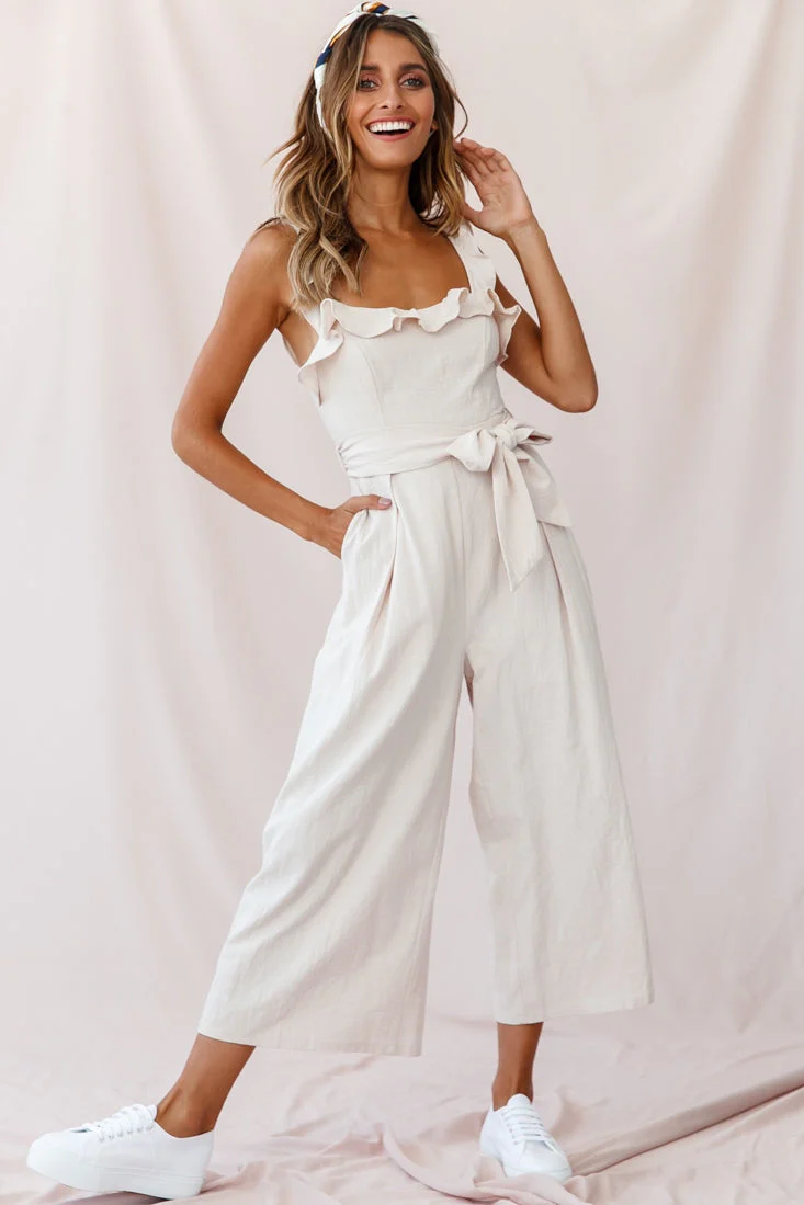 Kaia Ruffle Strap Wide-Leg Capri Jumpsuit Beige - Image 2