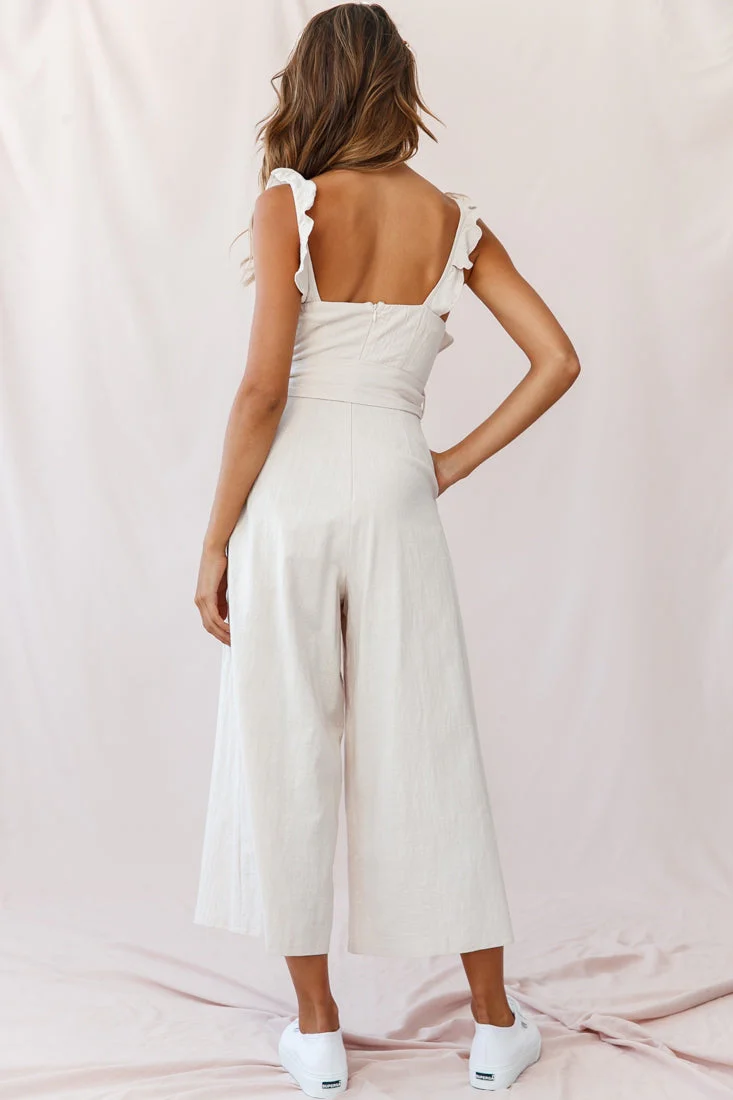 Kaia Ruffle Strap Wide-Leg Capri Jumpsuit Beige - Image 3