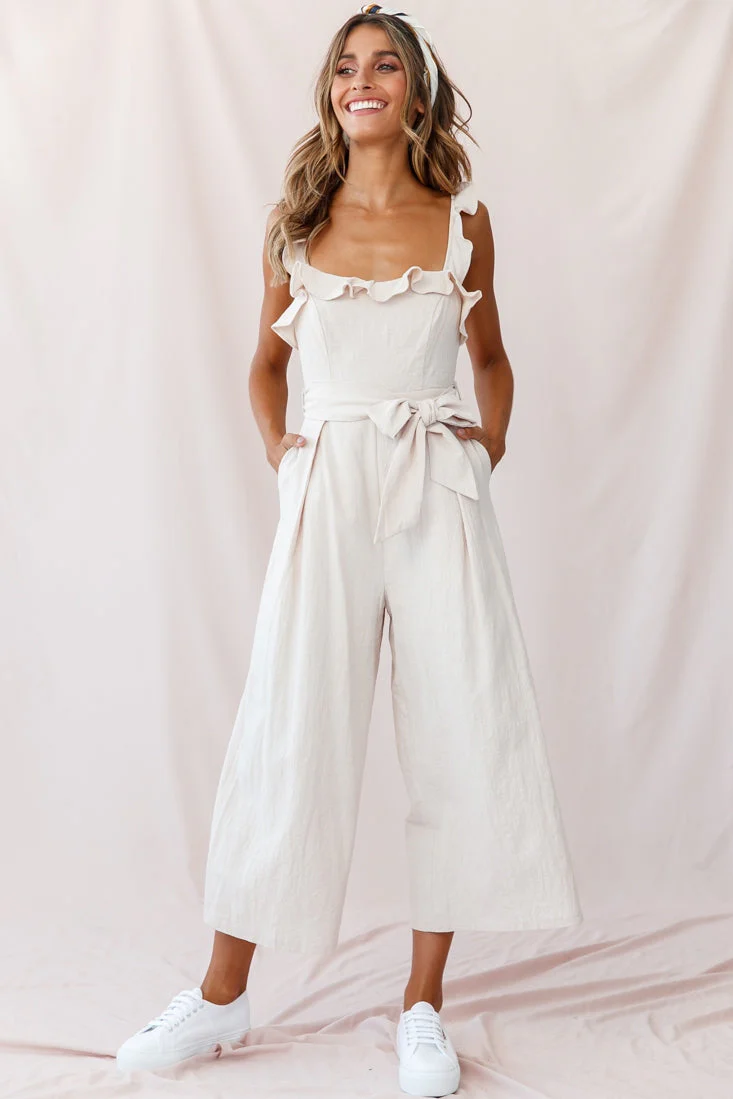 Kaia Ruffle Strap Wide-Leg Capri Jumpsuit Beige - Image 5