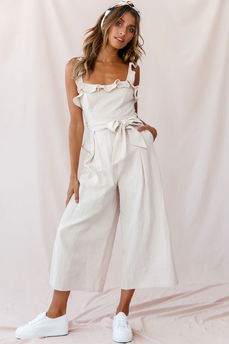 Kaia Ruffle Strap Wide-Leg Capri Jumpsuit Beige - Image 6