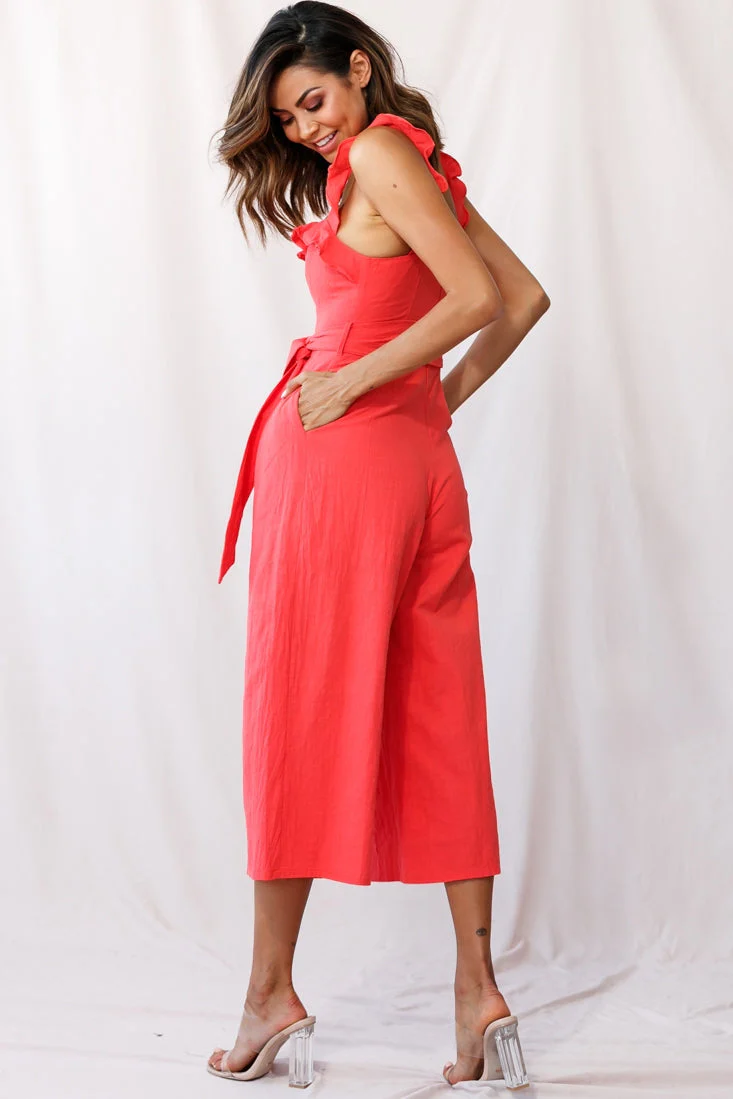 Kaia Ruffle Strap Wide-Leg Capri Jumpsuit Red - Image 3