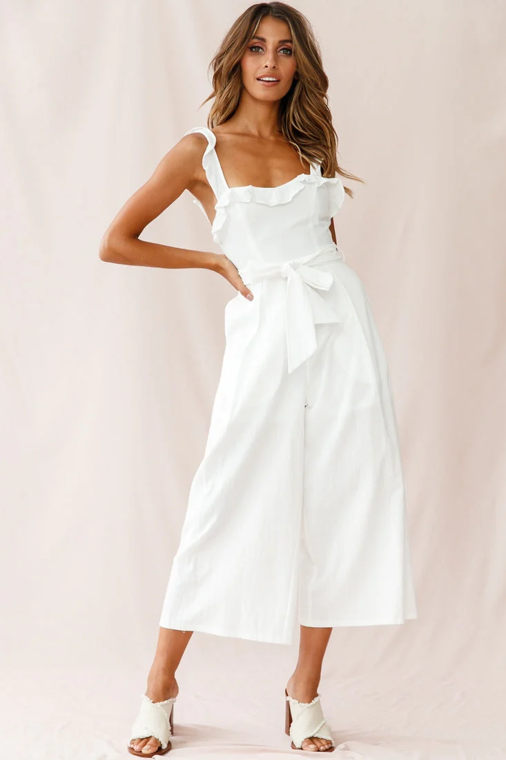 Kaia Ruffle Strap Wide-Leg Capri Jumpsuit White - Image 2