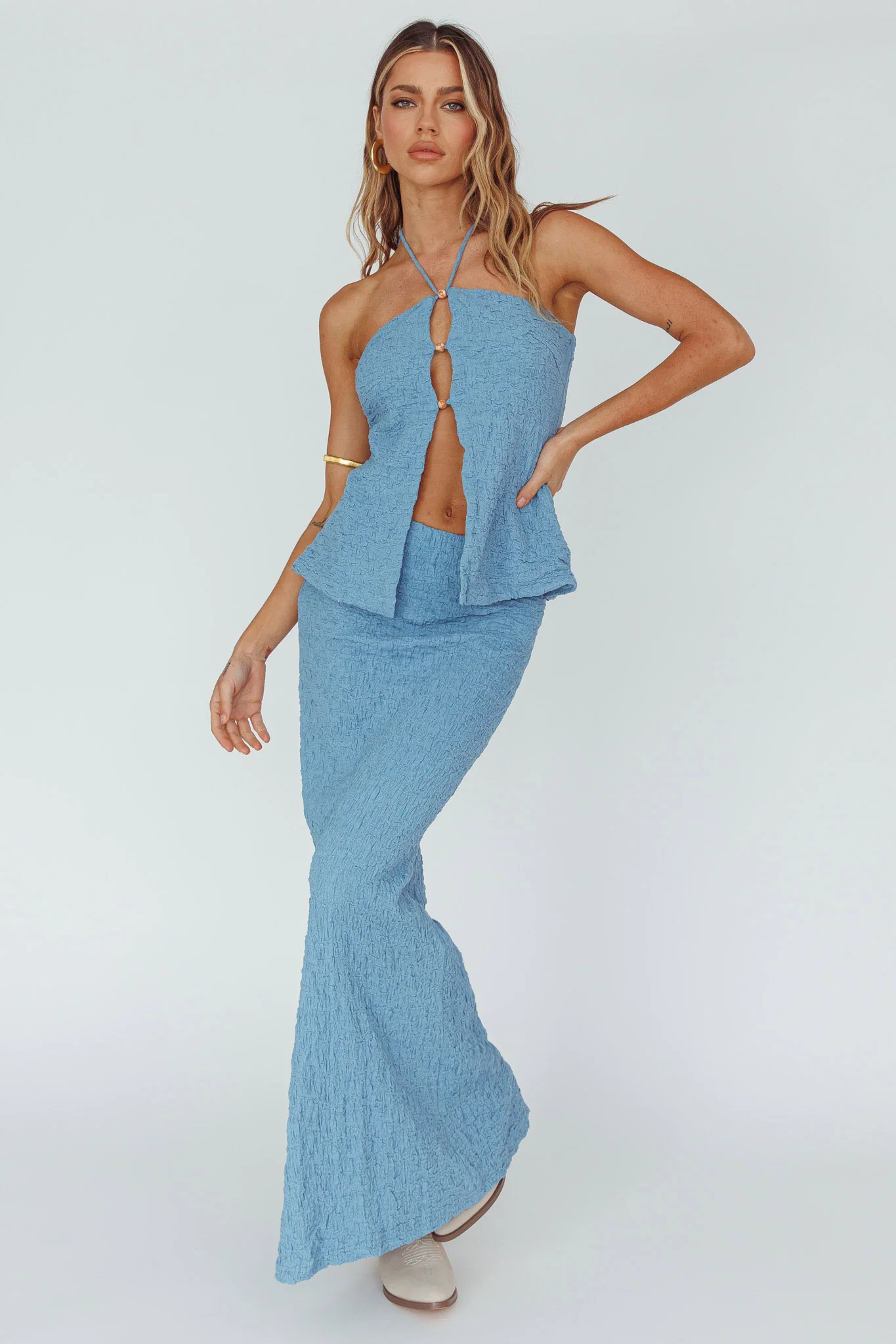 Kalei Textured Midi Skirt Blue - Image 3