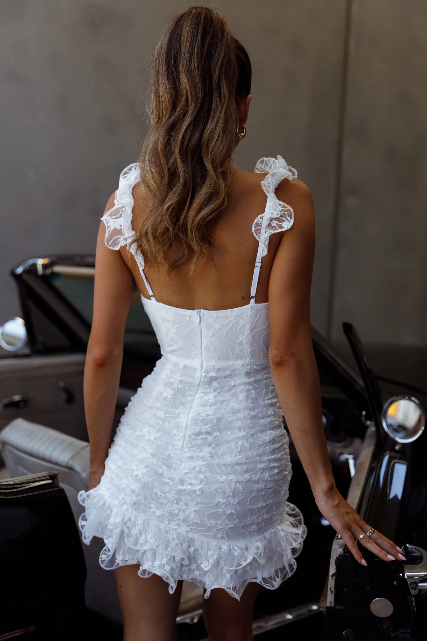 Kaley Ruched Side Layered Frill Hem Lace Mini Dress White - Image 2