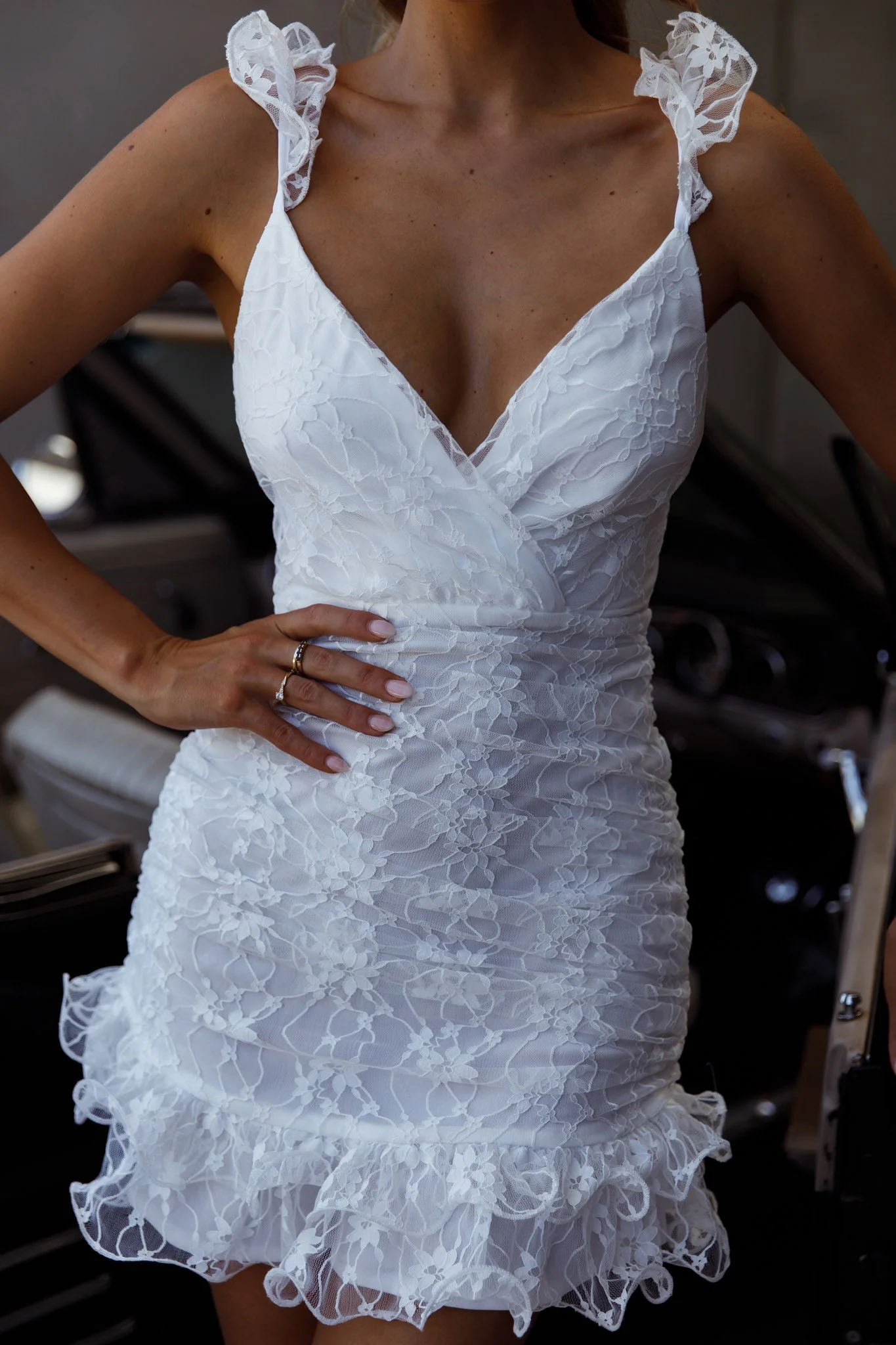 Kaley Ruched Side Layered Frill Hem Lace Mini Dress White - Image 4