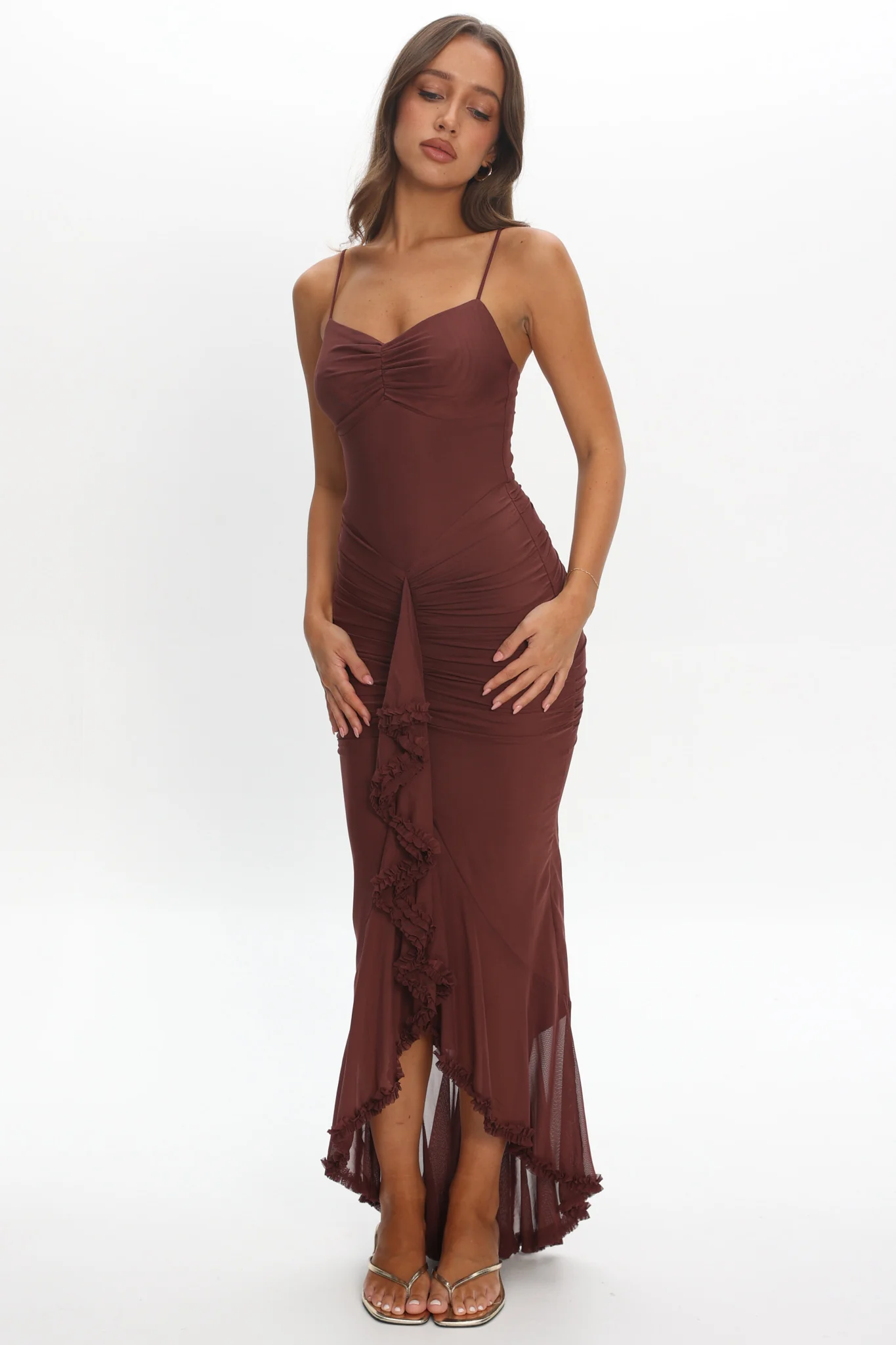 Kamilah Gathered Cascading Ruffle Midi Dress Maroon