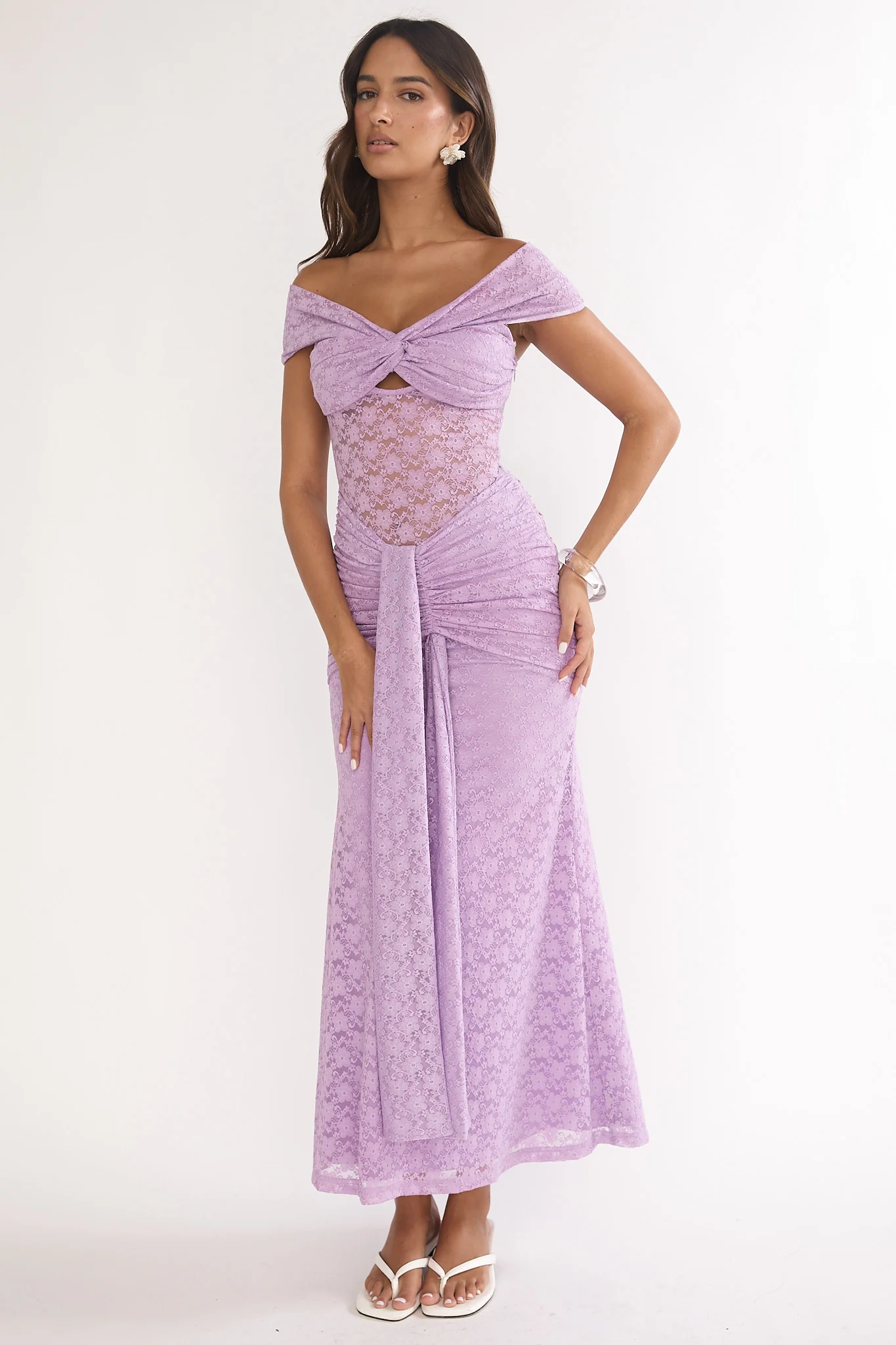 Kamilah Ruched Lace Maxi Dress Lilac - Image 6
