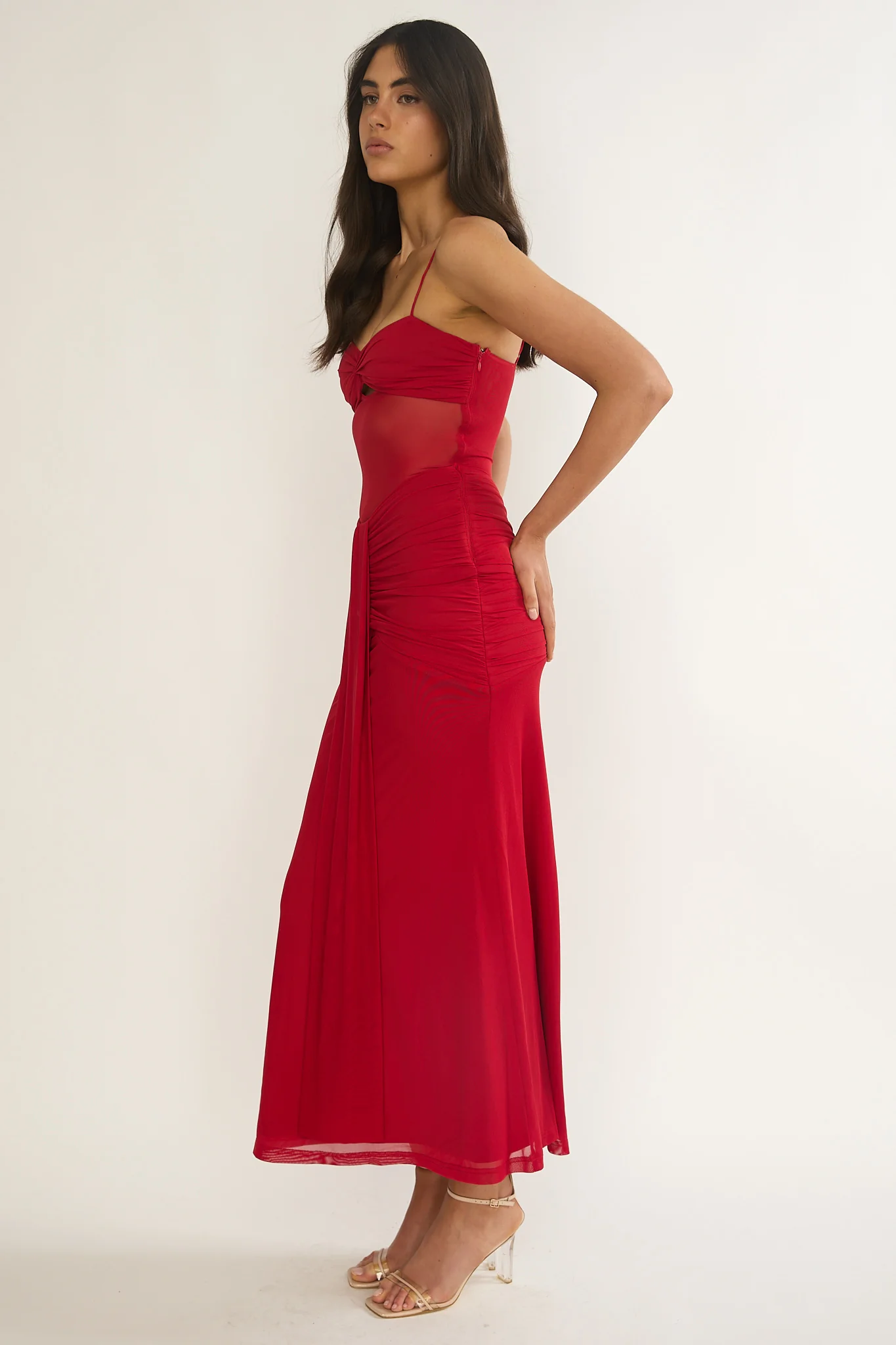 Kamilah Ruched Sheer Waist Maxi Dress Red - Image 6