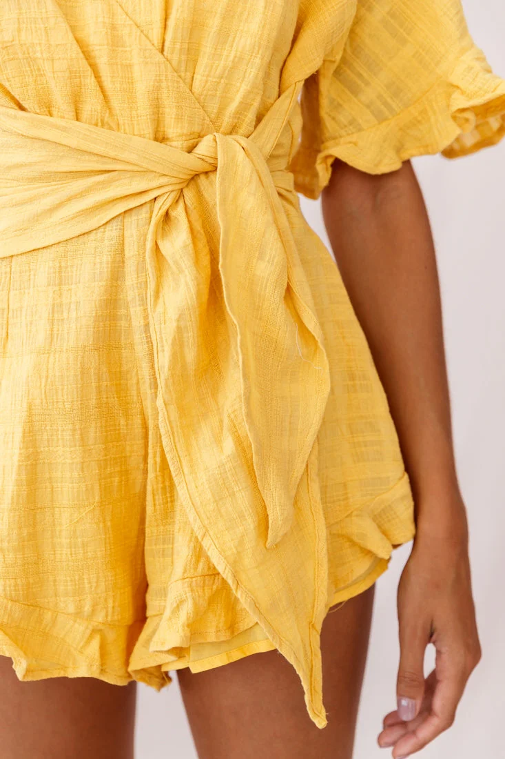 Karin Frill Trim Waist Tie Romper Mustard - Image 4