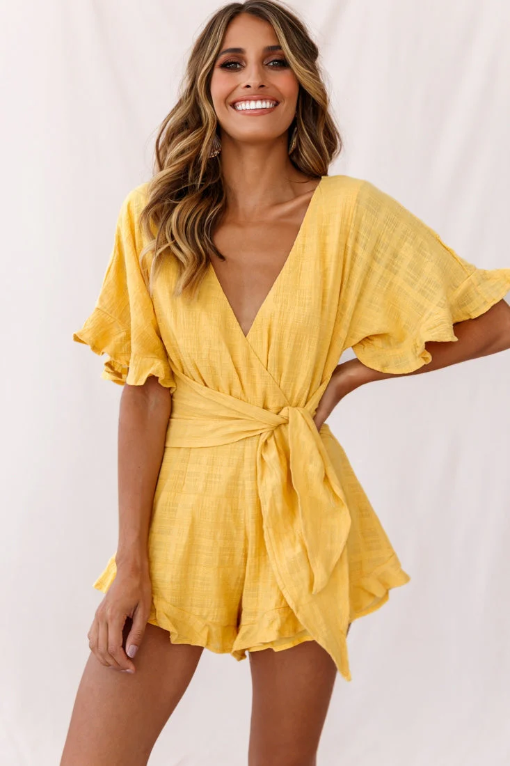 Karin Frill Trim Waist Tie Romper Mustard - Image 7