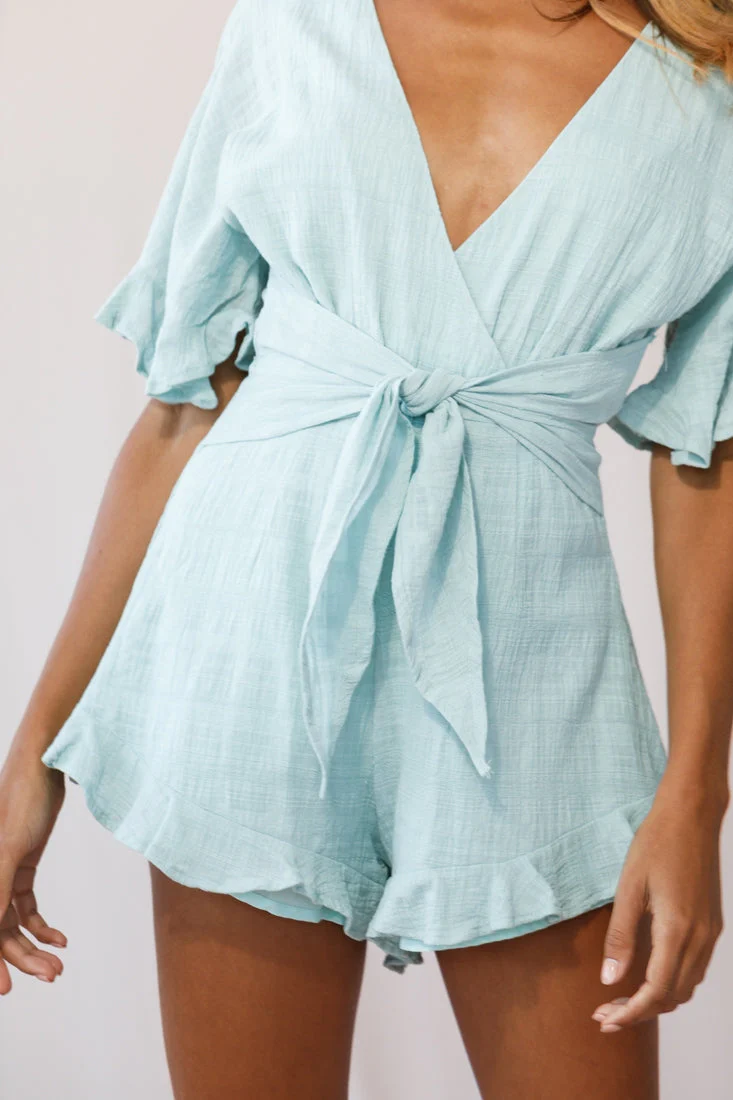 Karin Frill Trim Waist Tie Romper Sage - Image 4