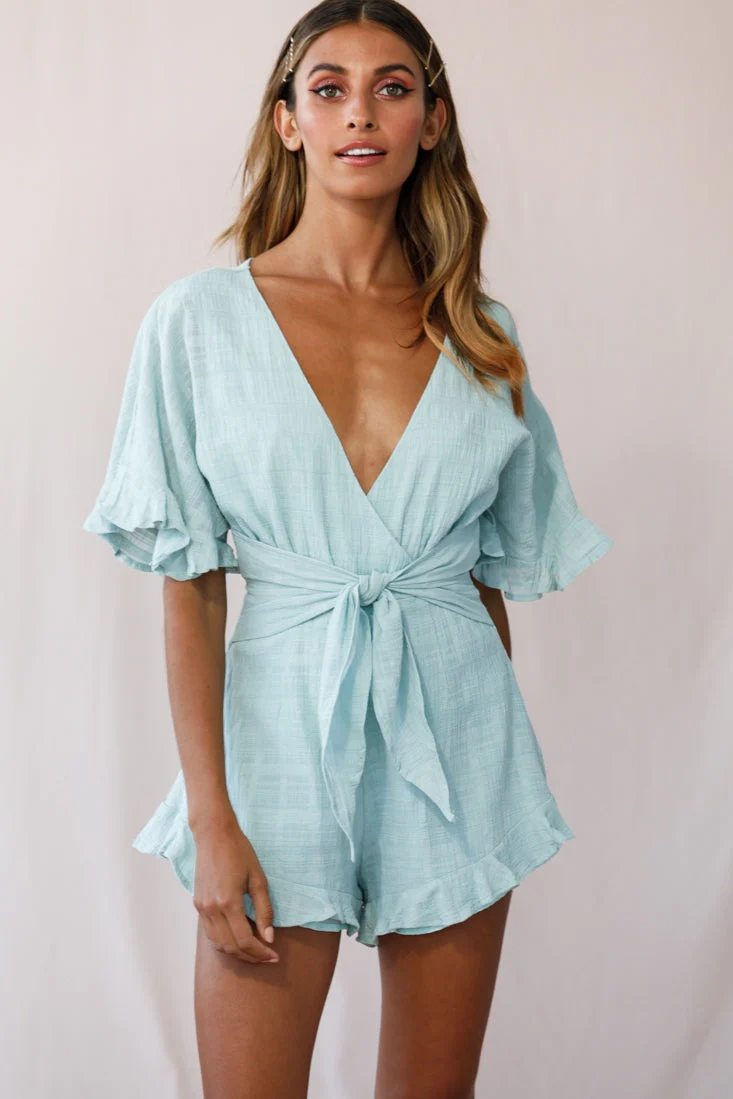 Karin Frill Trim Waist Tie Romper Sage - Image 5