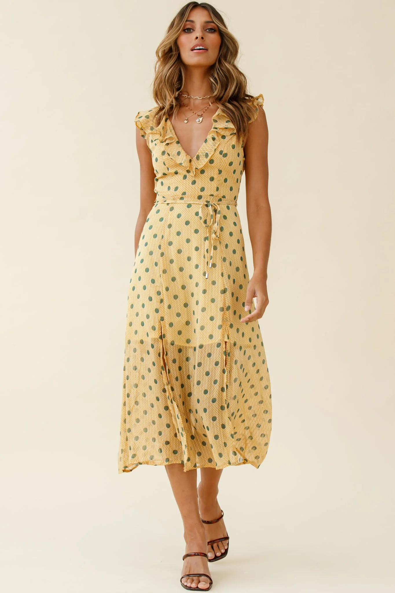 Karina Frill Neckline Midi Dress Polka Dot Print Mustard - Image 2