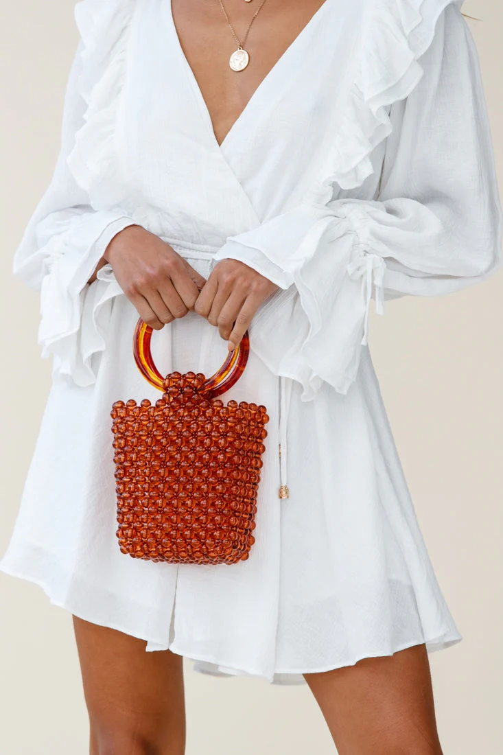 Karma Beaded Acrylic Handle Bag Tan - Image 6