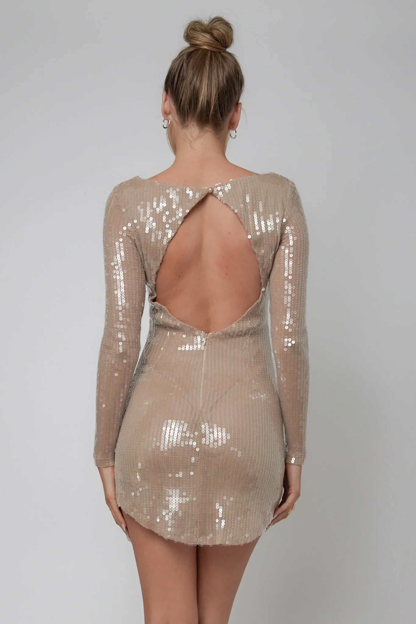 Karma Long Sleeve Keyhole Back Sequin Dress Nude - Image 2